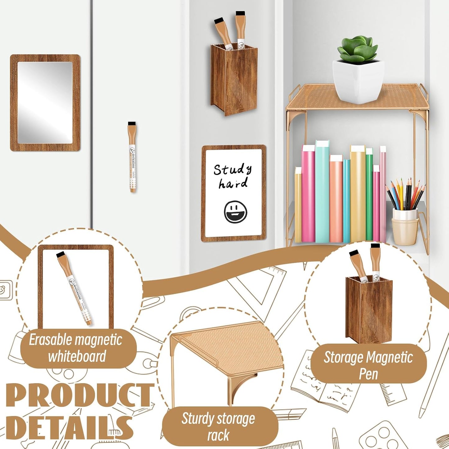 Magnetic Locker Marble Accessories Kit Pale Yellow Back to School Essentials Locker Organizer Supplies Include Mirror Whiteboard Pen Shelf Magnet Magnetic Buckle Back to School Essentials