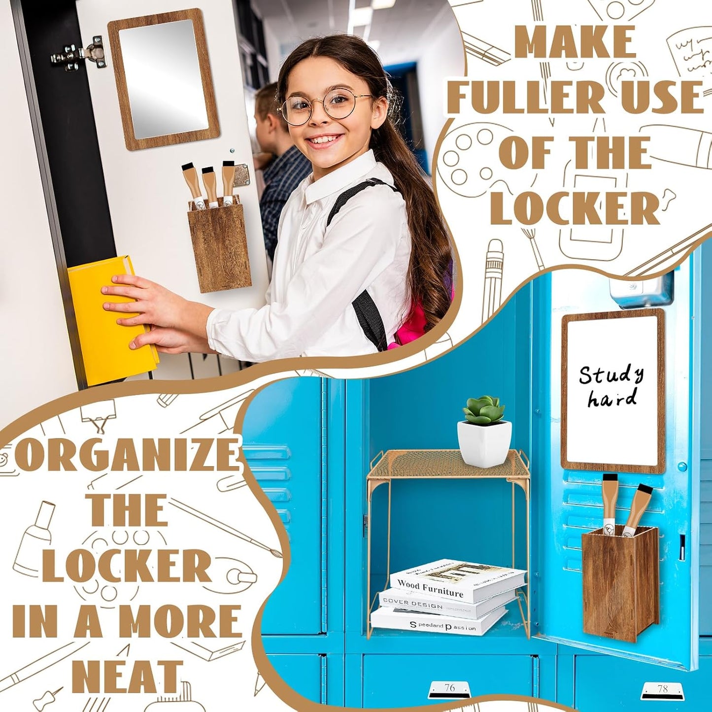 Magnetic Locker Marble Accessories Kit Pale Yellow Back to School Essentials Locker Organizer Supplies Include Mirror Whiteboard Pen Shelf Magnet Magnetic Buckle Back to School Essentials