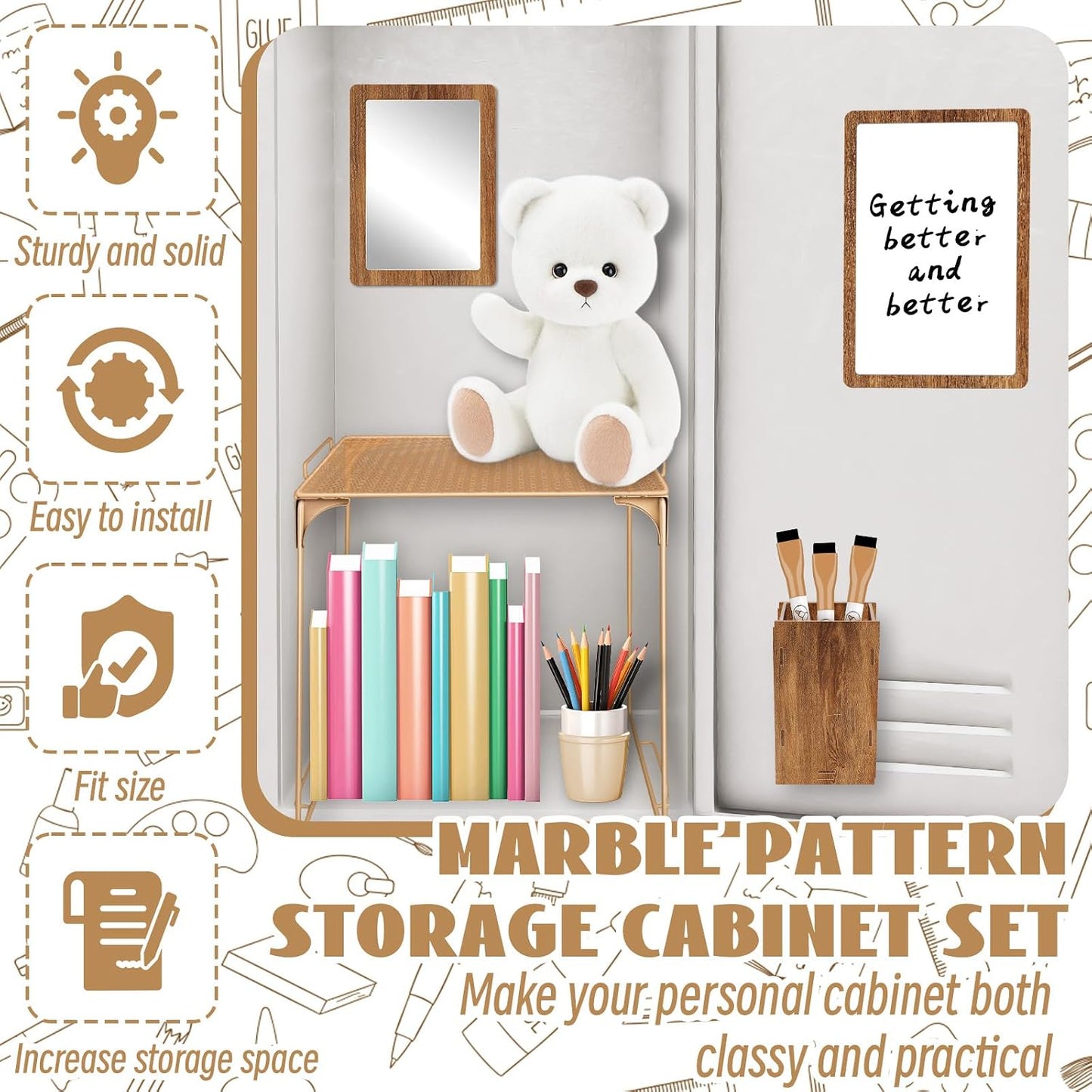 Magnetic Locker Marble Accessories Kit Pale Yellow Back to School Essentials Locker Organizer Supplies Include Mirror Whiteboard Pen Shelf Magnet Magnetic Buckle Back to School Essentials