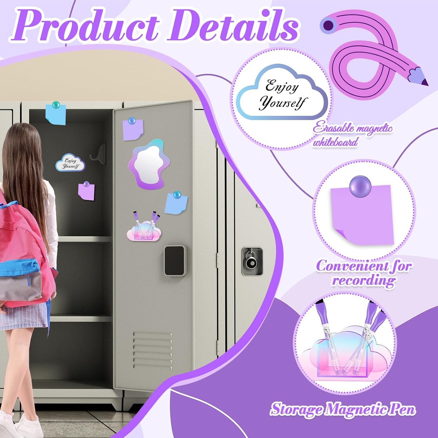 Magnetic Locker Marble Accessories Kit Pale Yellow Back to School Essentials Locker Organizer Supplies Include Mirror Whiteboard Pen Shelf Magnet Magnetic Buckle Back to School Essentials