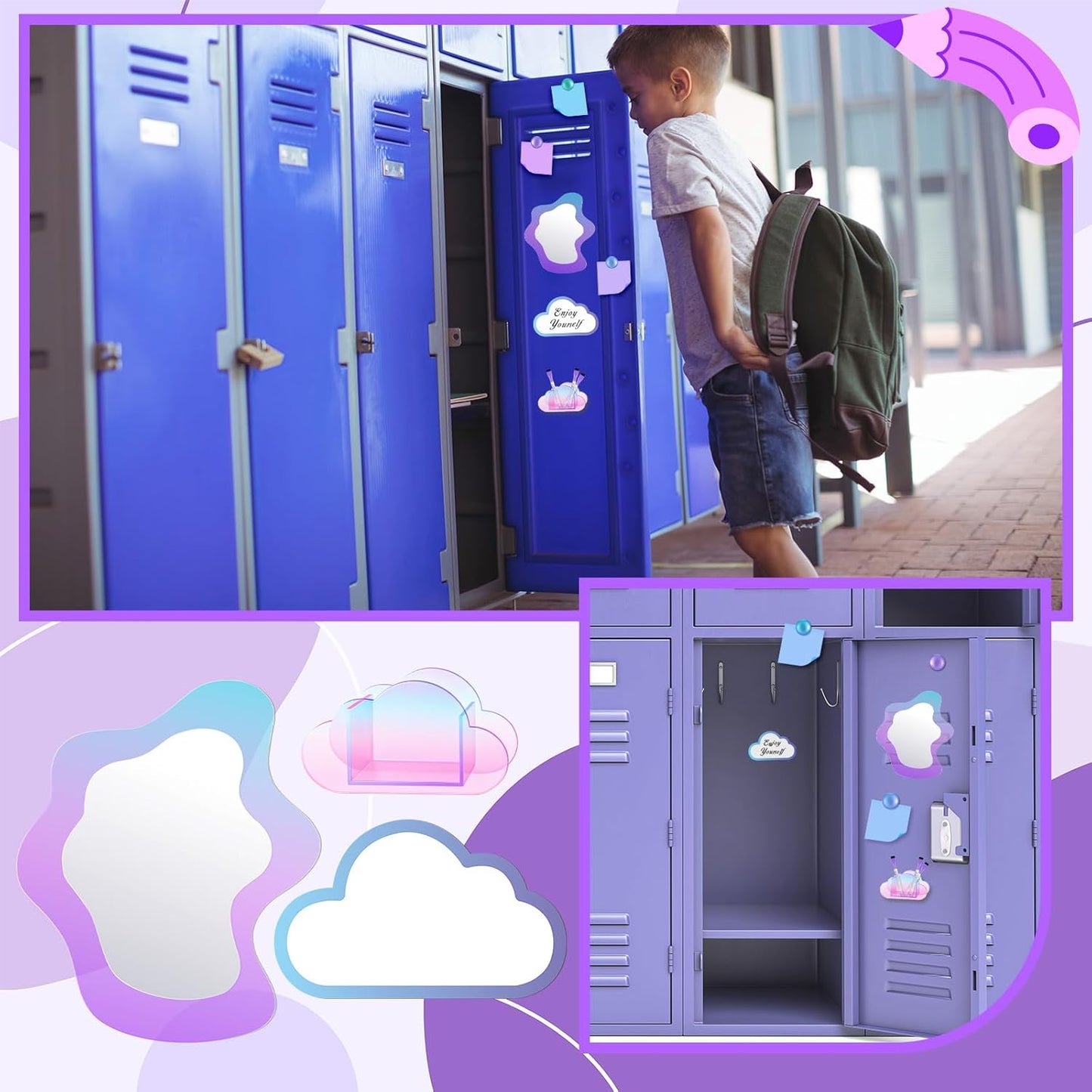 Magnetic Locker Marble Accessories Kit Pale Yellow Back to School Essentials Locker Organizer Supplies Include Mirror Whiteboard Pen Shelf Magnet Magnetic Buckle Back to School Essentials
