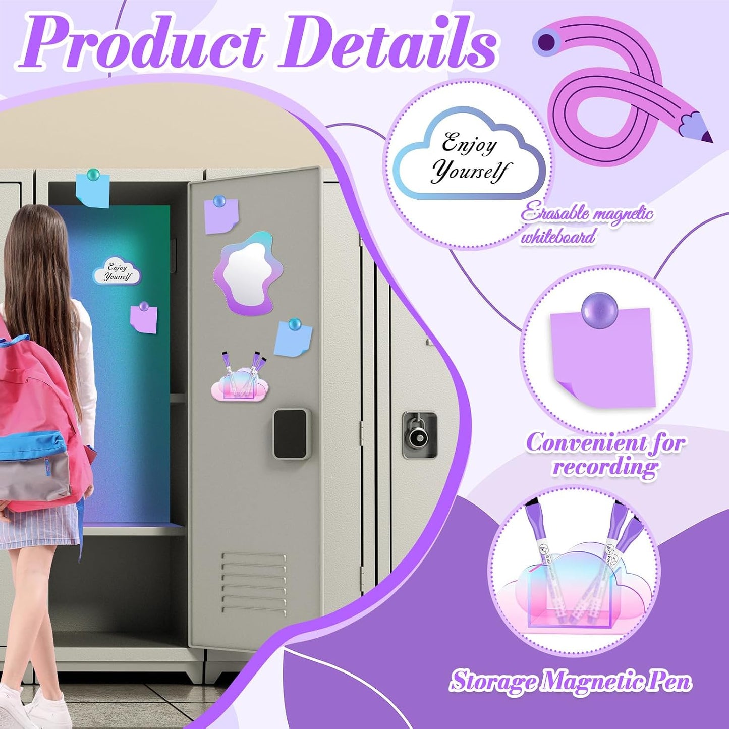Magnetic Locker Marble Accessories Kit Pale Yellow Back to School Essentials Locker Organizer Supplies Include Mirror Whiteboard Pen Shelf Magnet Magnetic Buckle Back to School Essentials