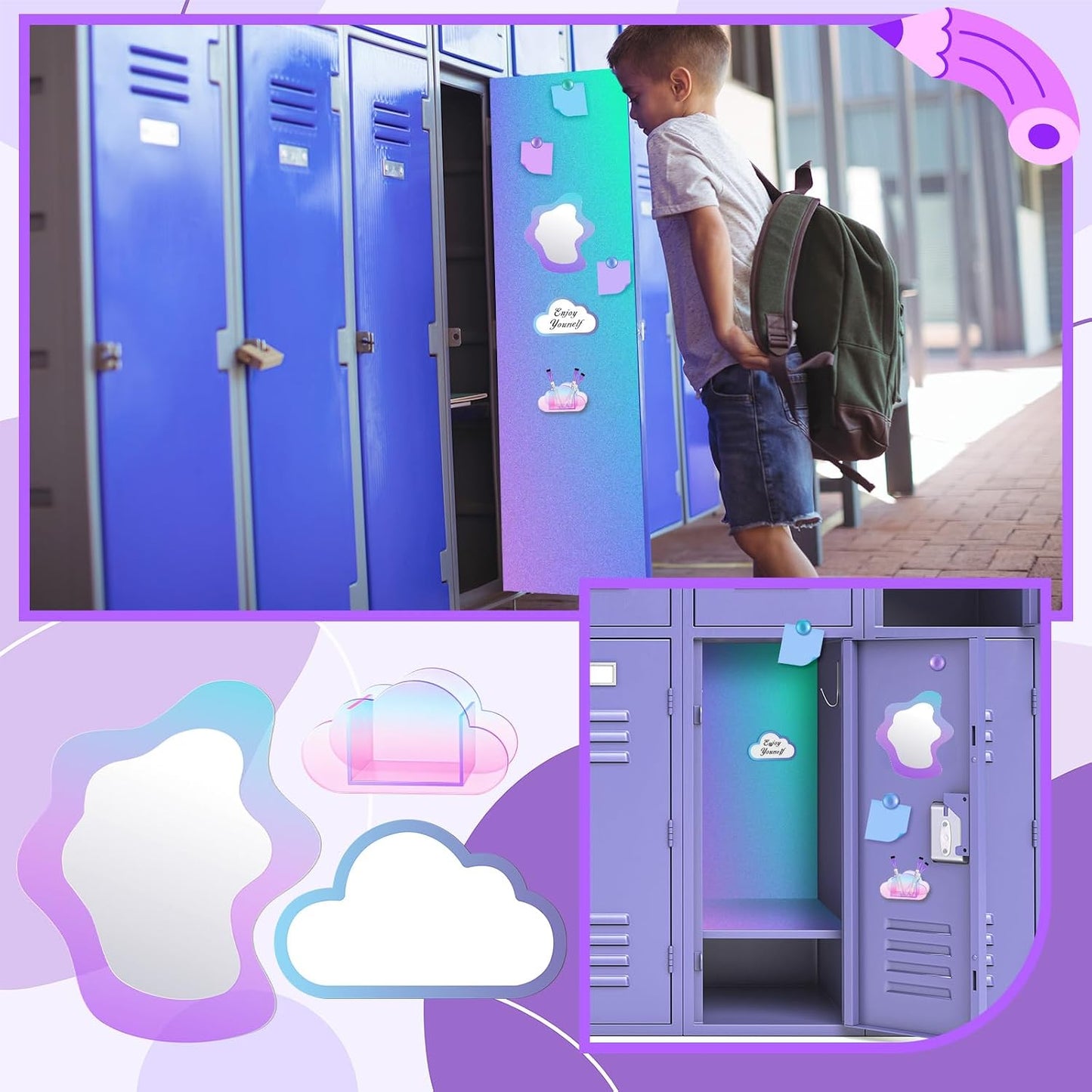 Magnetic Locker Marble Accessories Kit Pale Yellow Back to School Essentials Locker Organizer Supplies Include Mirror Whiteboard Pen Shelf Magnet Magnetic Buckle Back to School Essentials
