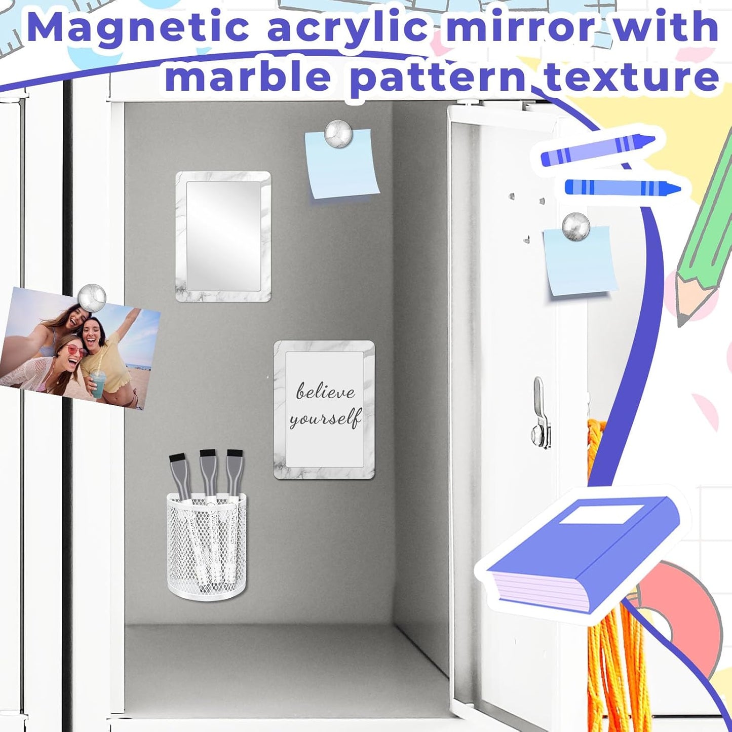 Magnetic Locker Marble Accessories Kit Pale Yellow Back to School Essentials Locker Organizer Supplies Include Mirror Whiteboard Pen Shelf Magnet Magnetic Buckle Back to School Essentials