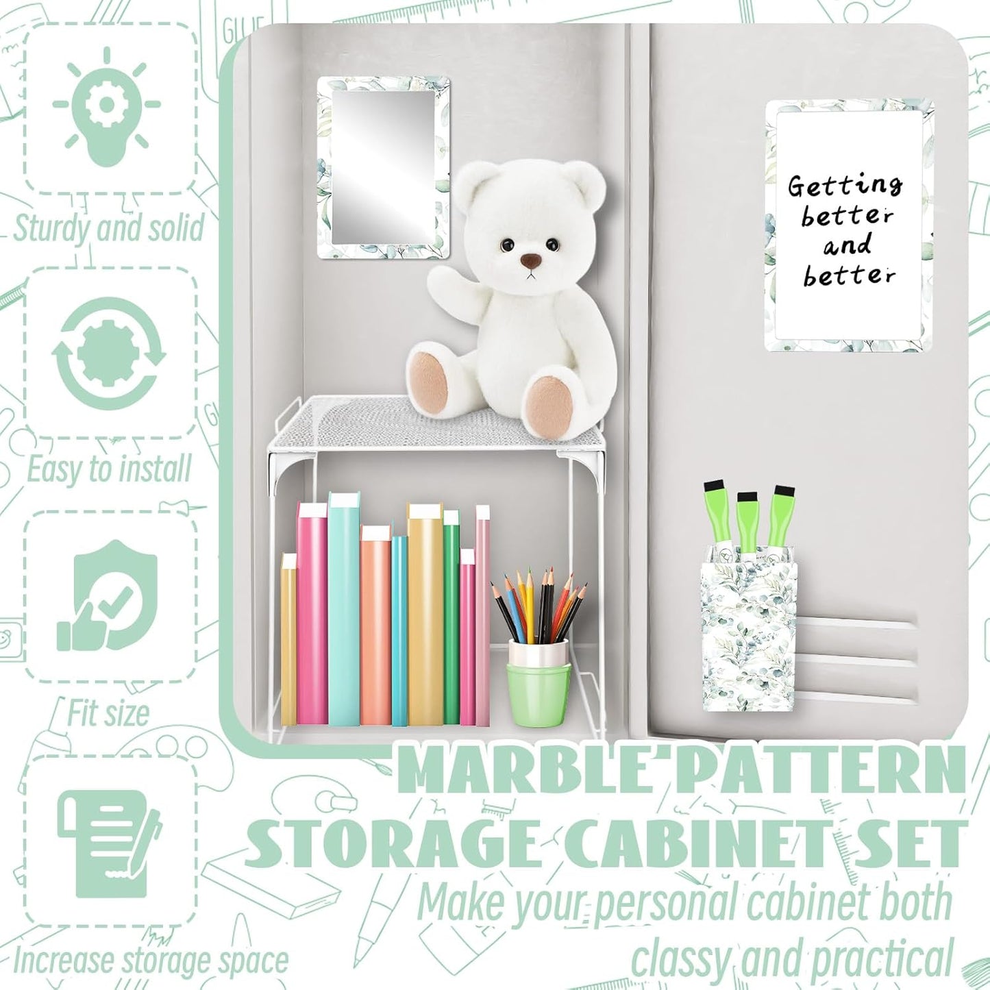 Magnetic Locker Marble Accessories Kit Pale Yellow Back to School Essentials Locker Organizer Supplies Include Mirror Whiteboard Pen Shelf Magnet Magnetic Buckle Back to School Essentials