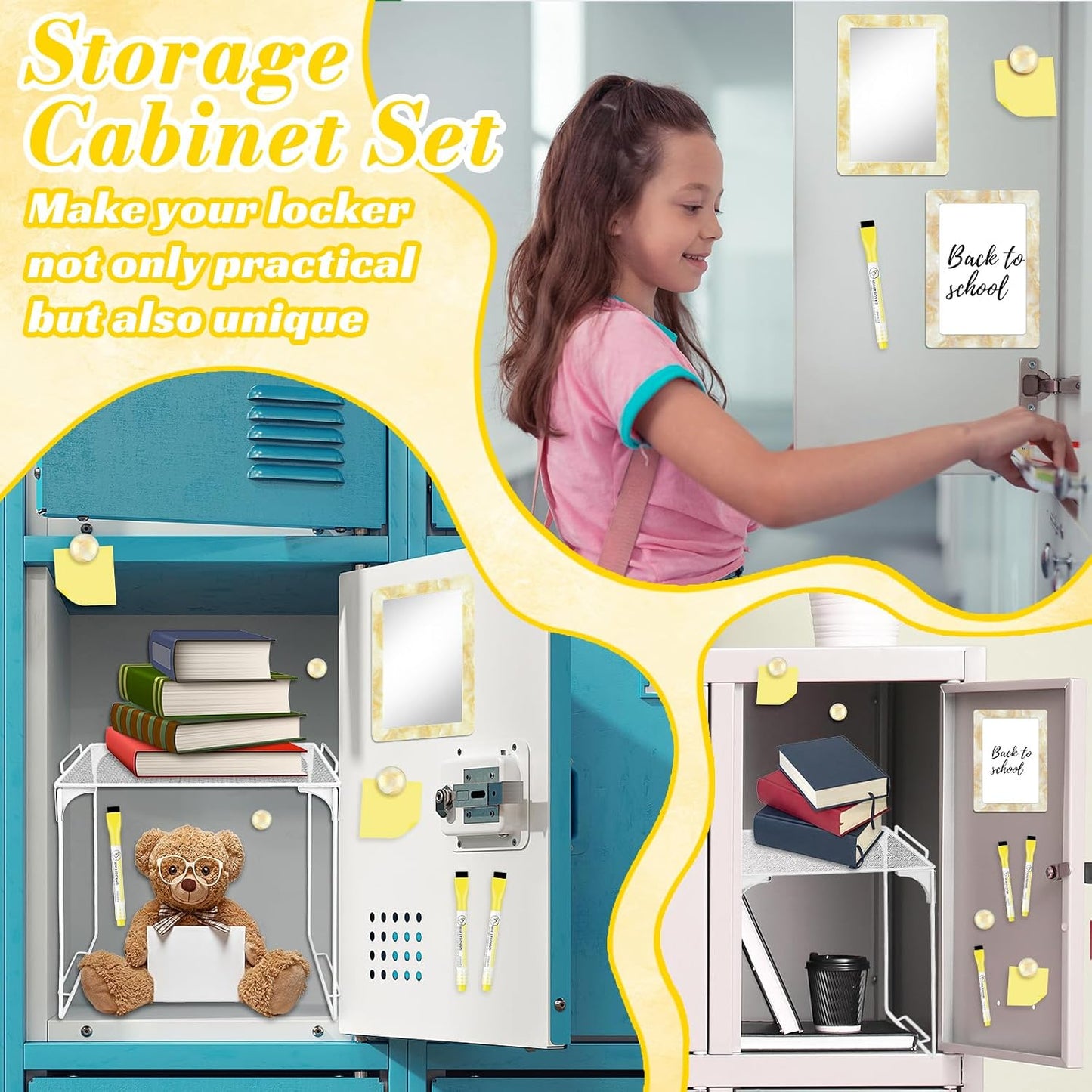 Magnetic Locker Marble Accessories Kit Pale Yellow Back to School Essentials Locker Organizer Supplies Include Mirror Whiteboard Pen Shelf Magnet Magnetic Buckle Back to School Essentials