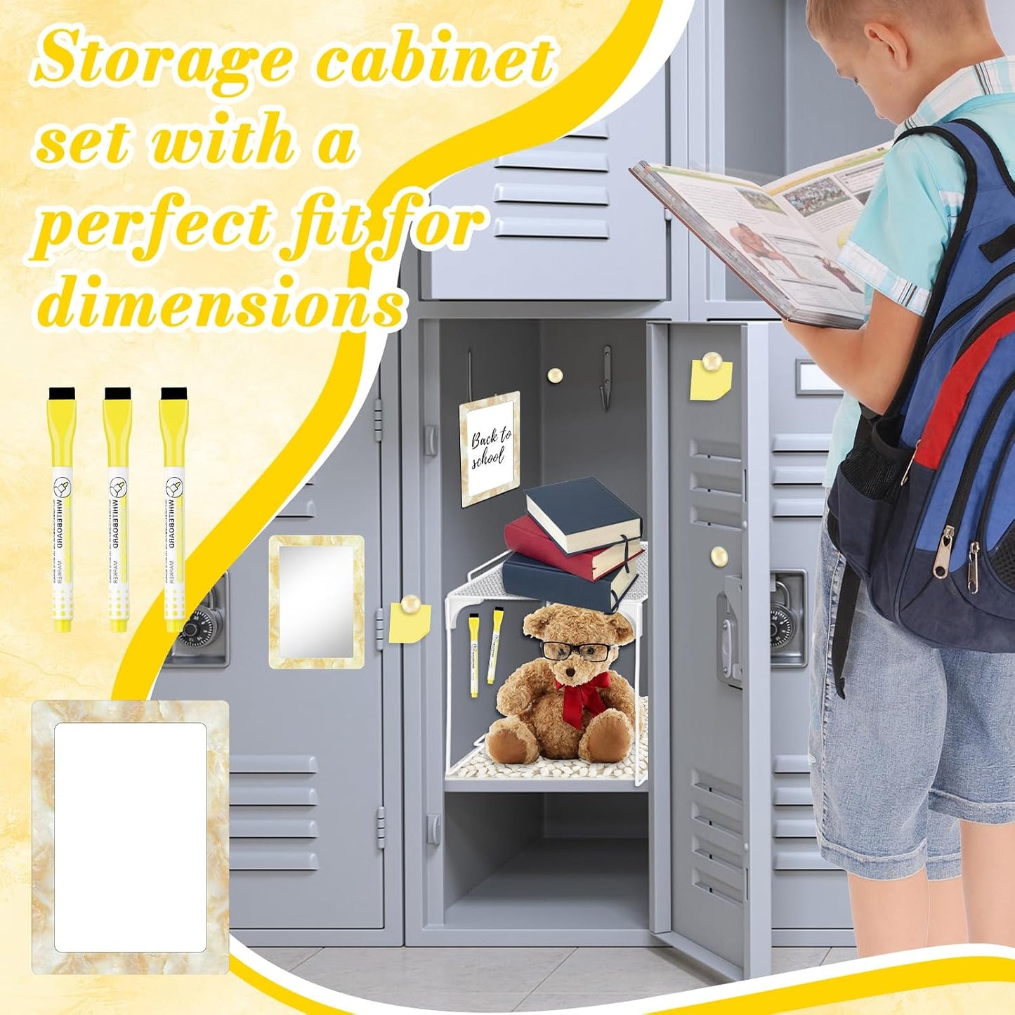 Magnetic Locker Marble Accessories Kit Pale Yellow Back to School Essentials Locker Organizer Supplies Include Mirror Whiteboard Pen Shelf Magnet Magnetic Buckle Back to School Essentials