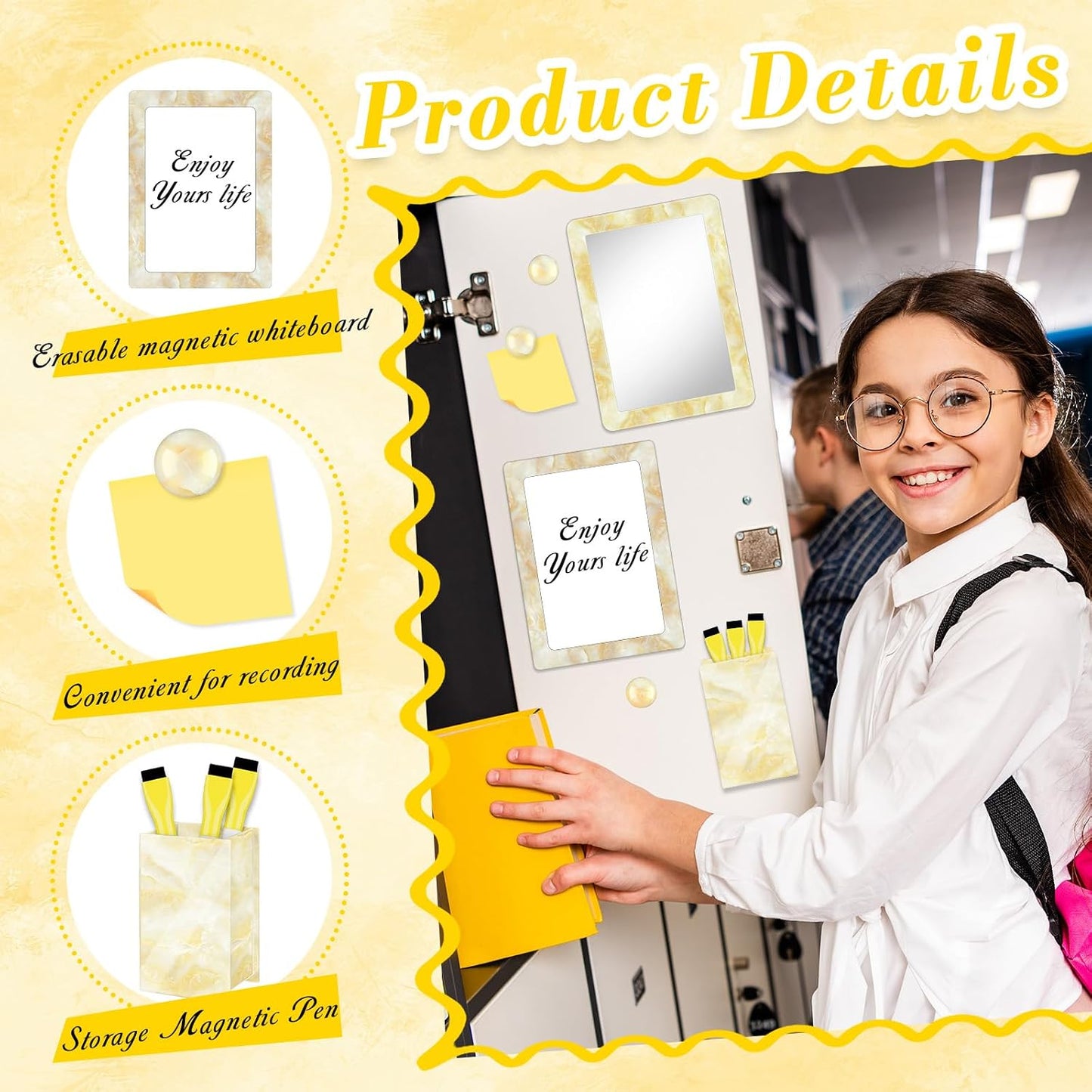 Magnetic Locker Marble Accessories Kit Pale Yellow Back to School Essentials Locker Organizer Supplies Include Mirror Whiteboard Pen Shelf Magnet Magnetic Buckle Back to School Essentials