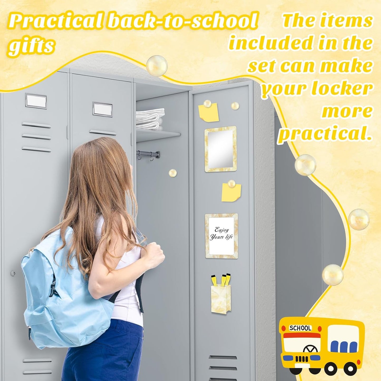 Magnetic Locker Marble Accessories Kit Pale Yellow Back to School Essentials Locker Organizer Supplies Include Mirror Whiteboard Pen Shelf Magnet Magnetic Buckle Back to School Essentials