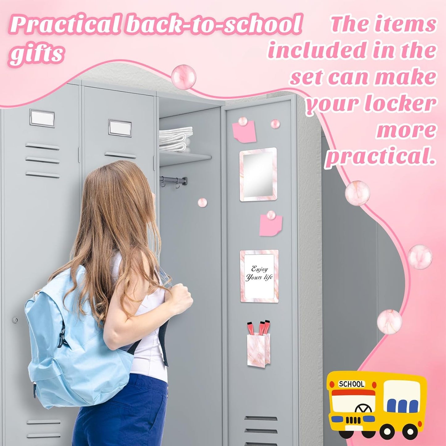 Magnetic Locker Marble Accessories Kit Pale Yellow Back to School Essentials Locker Organizer Supplies Include Mirror Whiteboard Pen Shelf Magnet Magnetic Buckle Back to School Essentials