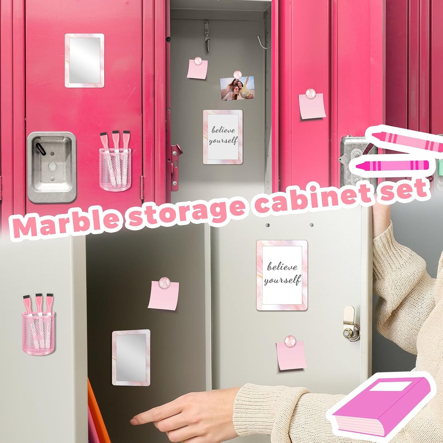 Magnetic Locker Marble Accessories Kit Pale Yellow Back to School Essentials Locker Organizer Supplies Include Mirror Whiteboard Pen Shelf Magnet Magnetic Buckle Back to School Essentials