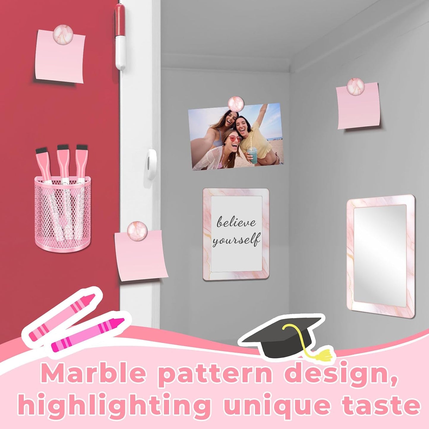Magnetic Locker Marble Accessories Kit Pale Yellow Back to School Essentials Locker Organizer Supplies Include Mirror Whiteboard Pen Shelf Magnet Magnetic Buckle Back to School Essentials