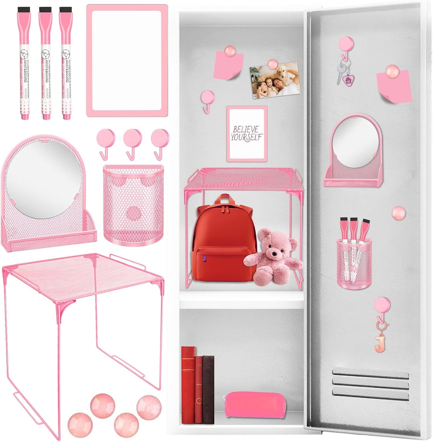 Magnetic Locker Marble Accessories Kit Pale Yellow Back to School Essentials Locker Organizer Supplies Include Mirror Whiteboard Pen Shelf Magnet Magnetic Buckle Back to School Essentials
