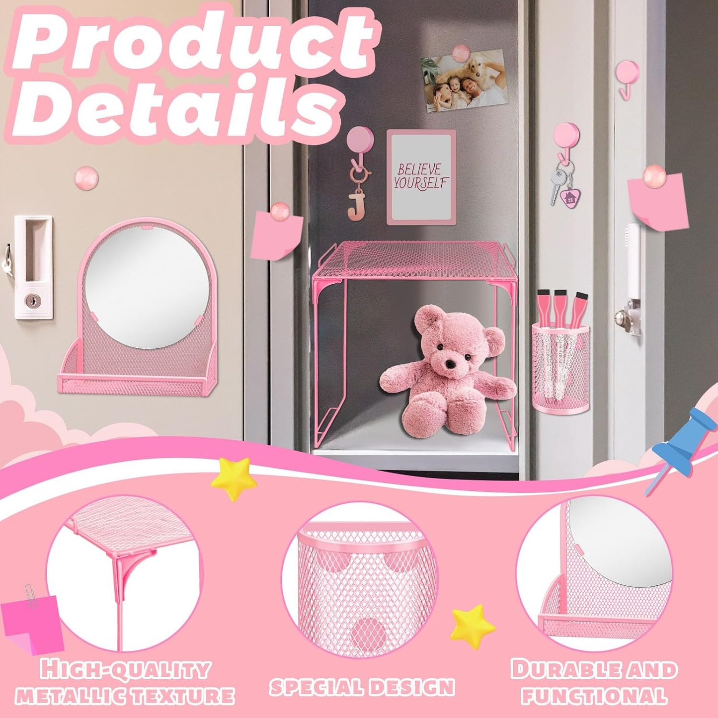 Magnetic Locker Marble Accessories Kit Pale Yellow Back to School Essentials Locker Organizer Supplies Include Mirror Whiteboard Pen Shelf Magnet Magnetic Buckle Back to School Essentials