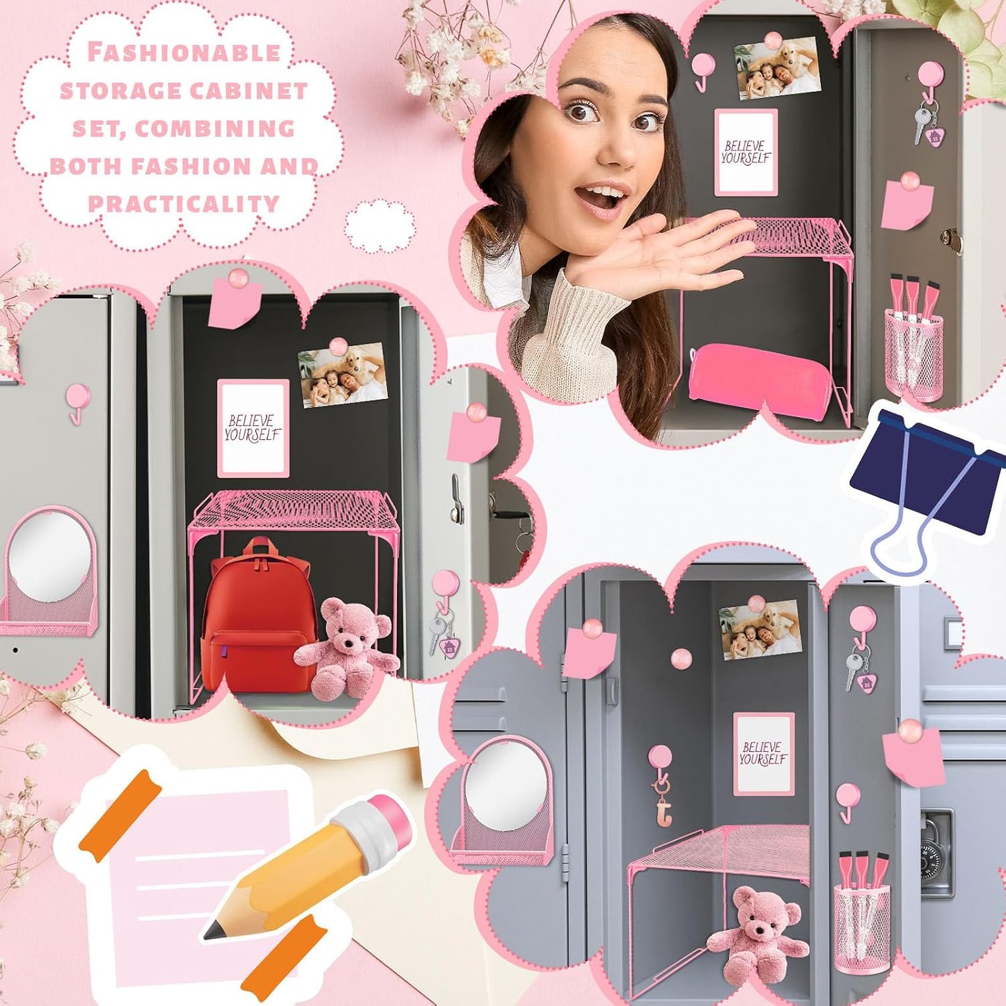 Magnetic Locker Marble Accessories Kit Pale Yellow Back to School Essentials Locker Organizer Supplies Include Mirror Whiteboard Pen Shelf Magnet Magnetic Buckle Back to School Essentials