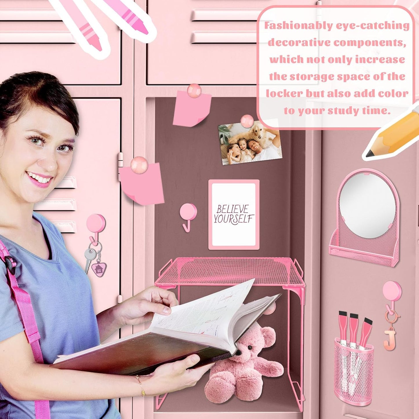 Magnetic Locker Marble Accessories Kit Pale Yellow Back to School Essentials Locker Organizer Supplies Include Mirror Whiteboard Pen Shelf Magnet Magnetic Buckle Back to School Essentials