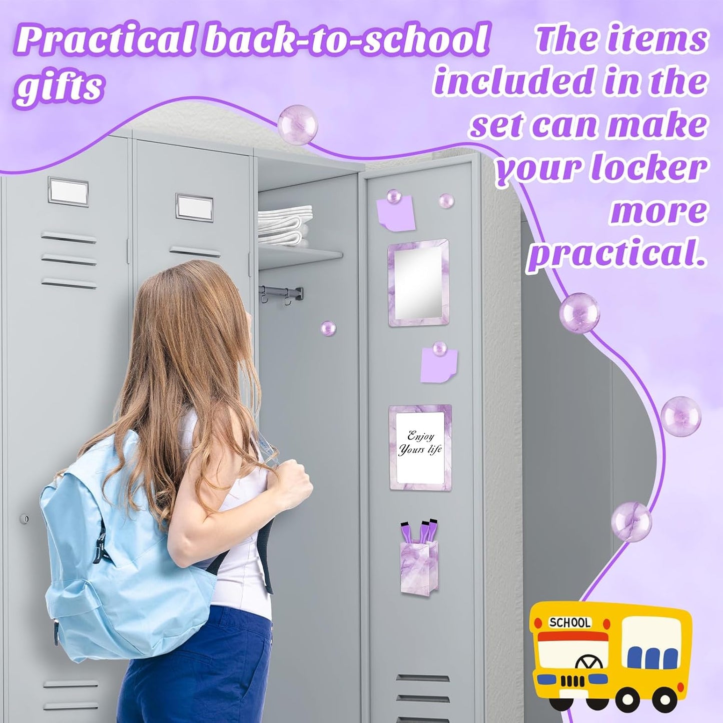 Magnetic Locker Marble Accessories Kit Pale Yellow Back to School Essentials Locker Organizer Supplies Include Mirror Whiteboard Pen Shelf Magnet Magnetic Buckle Back to School Essentials