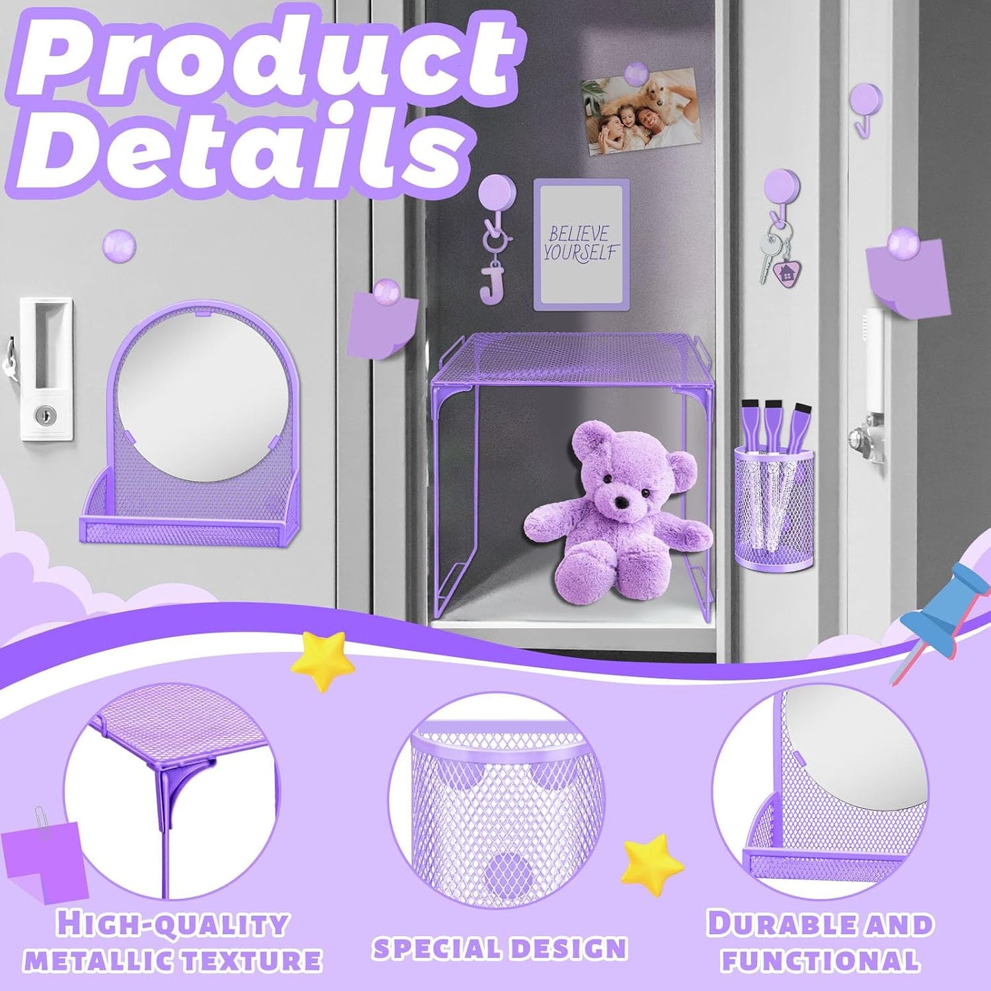 Magnetic Locker Marble Accessories Kit Pale Yellow Back to School Essentials Locker Organizer Supplies Include Mirror Whiteboard Pen Shelf Magnet Magnetic Buckle Back to School Essentials