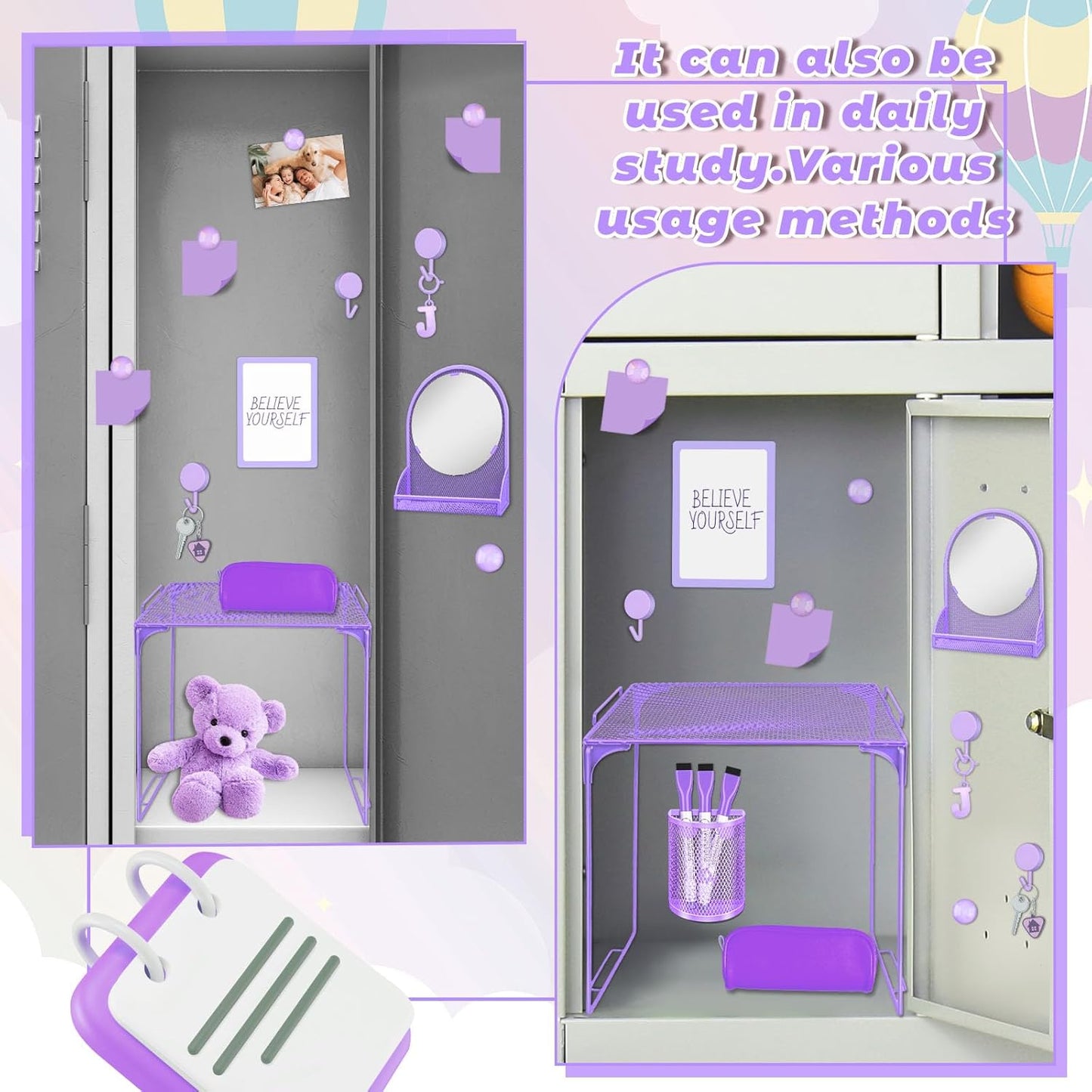 Magnetic Locker Marble Accessories Kit Pale Yellow Back to School Essentials Locker Organizer Supplies Include Mirror Whiteboard Pen Shelf Magnet Magnetic Buckle Back to School Essentials