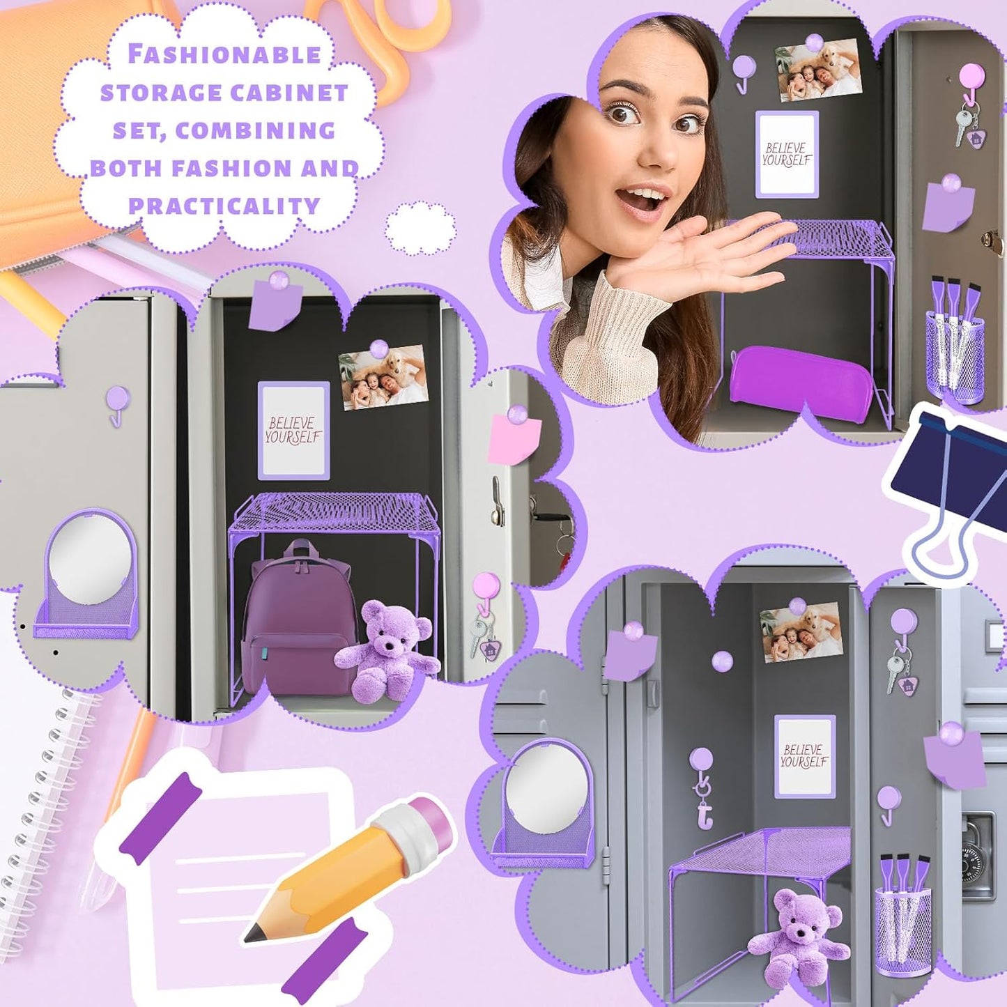 Magnetic Locker Marble Accessories Kit Pale Yellow Back to School Essentials Locker Organizer Supplies Include Mirror Whiteboard Pen Shelf Magnet Magnetic Buckle Back to School Essentials