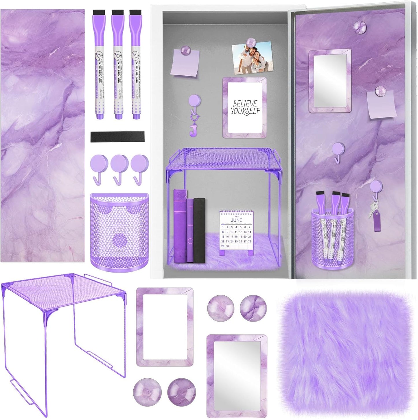 Magnetic Locker Marble Accessories Kit Pale Yellow Back to School Essentials Locker Organizer Supplies Include Mirror Whiteboard Pen Shelf Magnet Magnetic Buckle Back to School Essentials