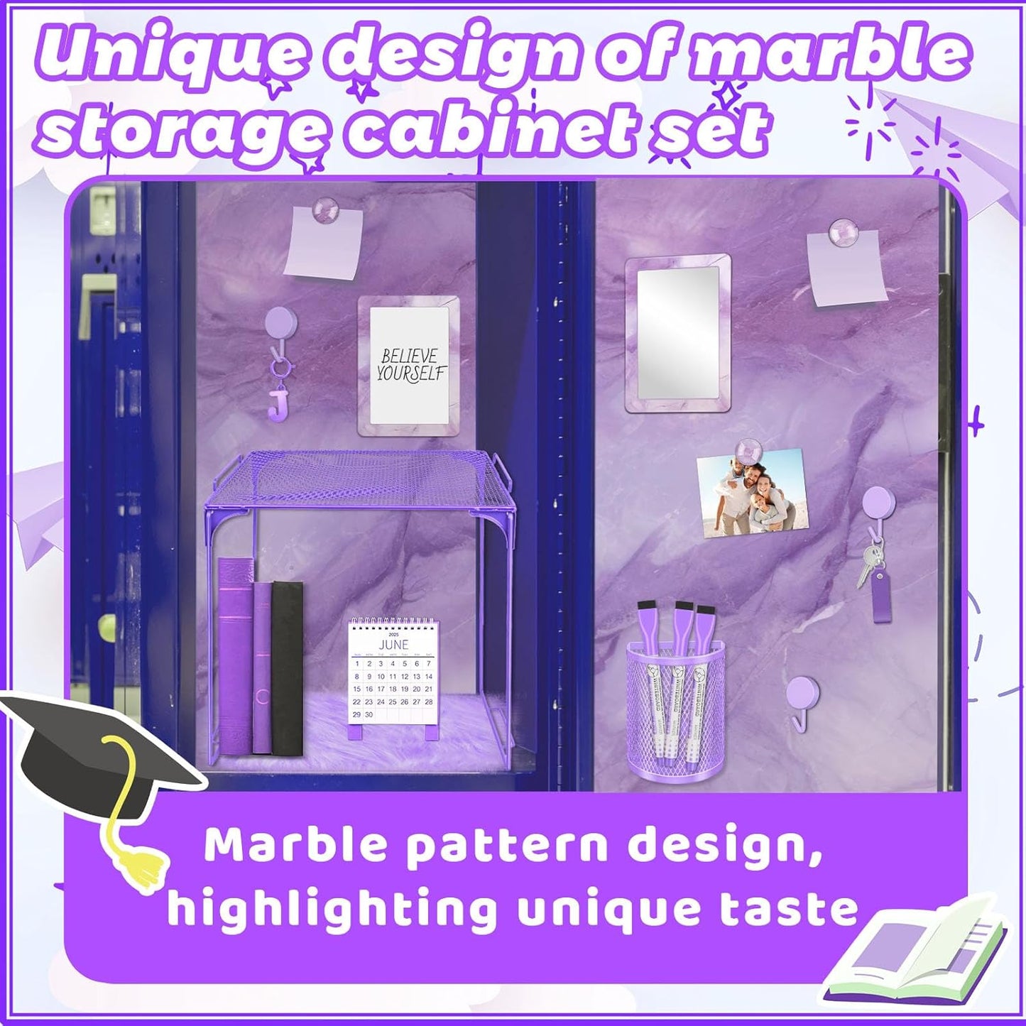 Magnetic Locker Marble Accessories Kit Pale Yellow Back to School Essentials Locker Organizer Supplies Include Mirror Whiteboard Pen Shelf Magnet Magnetic Buckle Back to School Essentials