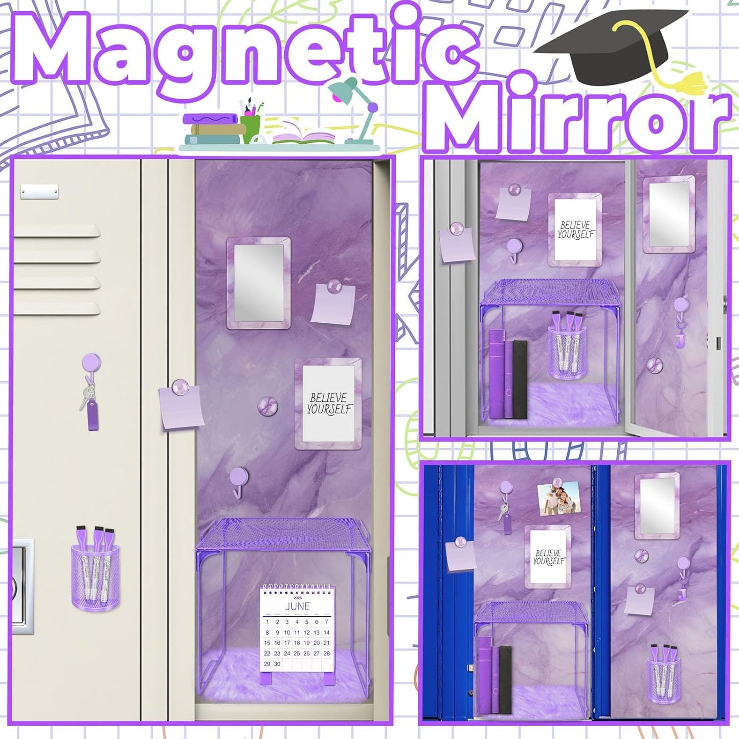 Magnetic Locker Marble Accessories Kit Pale Yellow Back to School Essentials Locker Organizer Supplies Include Mirror Whiteboard Pen Shelf Magnet Magnetic Buckle Back to School Essentials