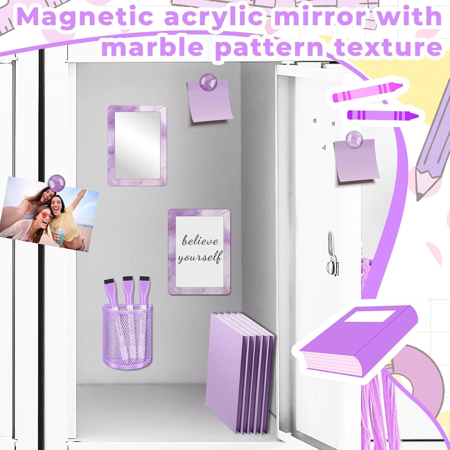 Magnetic Locker Marble Accessories Kit Pale Yellow Back to School Essentials Locker Organizer Supplies Include Mirror Whiteboard Pen Shelf Magnet Magnetic Buckle Back to School Essentials