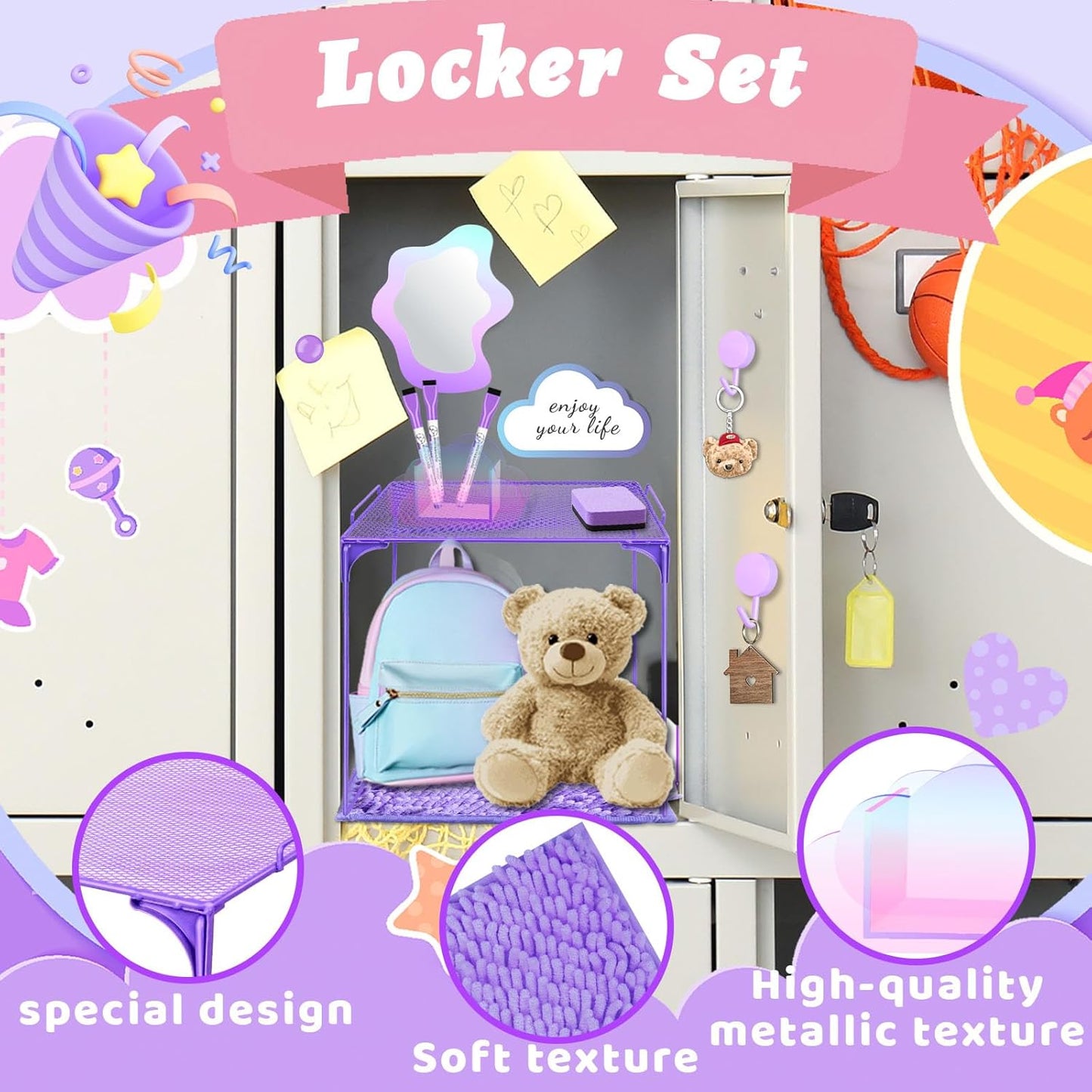 Magnetic Locker Marble Accessories Kit Pale Yellow Back to School Essentials Locker Organizer Supplies Include Mirror Whiteboard Pen Shelf Magnet Magnetic Buckle Back to School Essentials