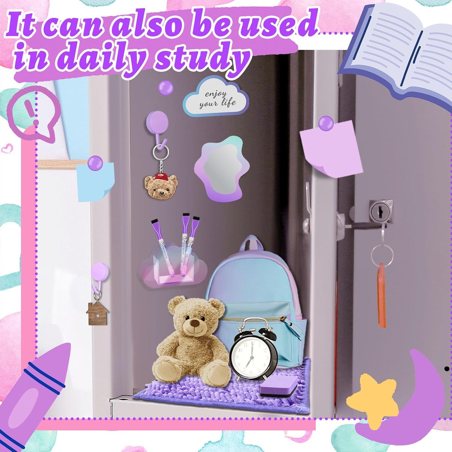 Magnetic Locker Marble Accessories Kit Pale Yellow Back to School Essentials Locker Organizer Supplies Include Mirror Whiteboard Pen Shelf Magnet Magnetic Buckle Back to School Essentials