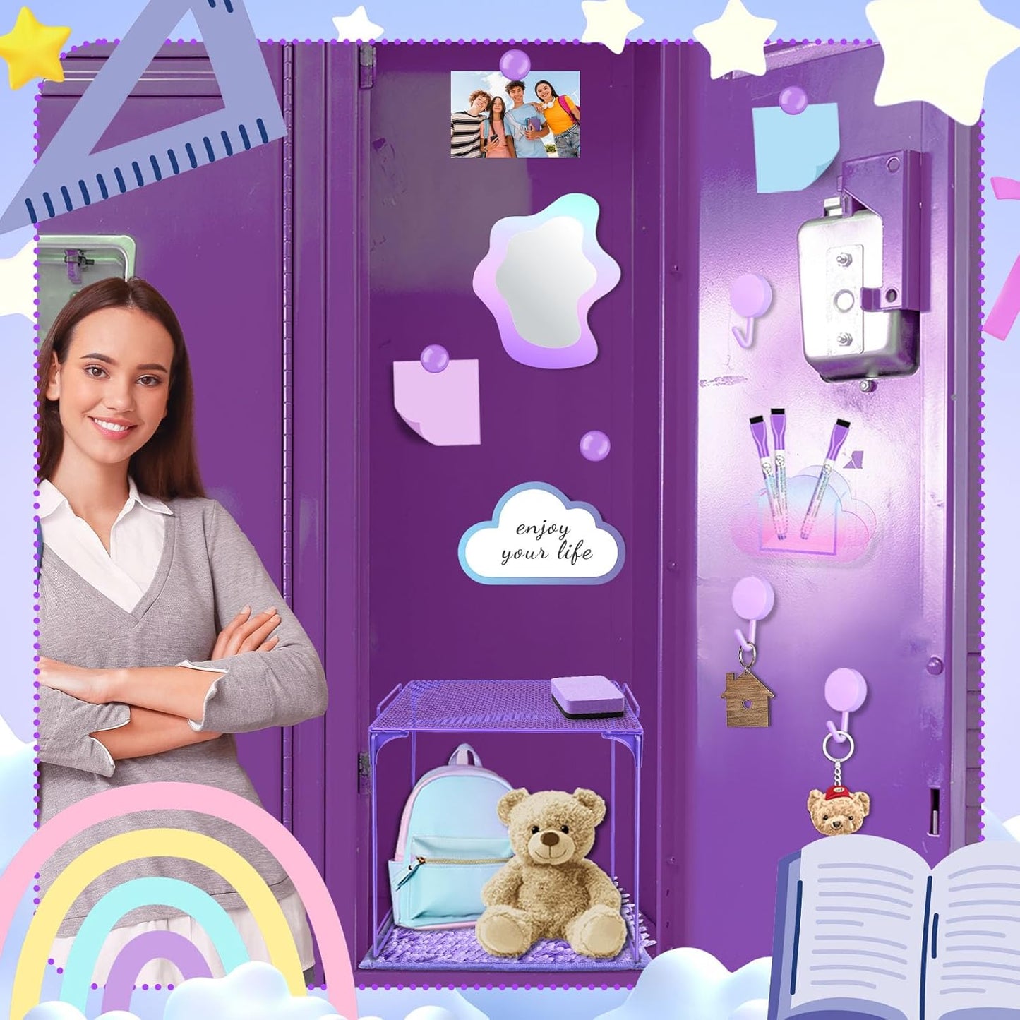 Magnetic Locker Marble Accessories Kit Pale Yellow Back to School Essentials Locker Organizer Supplies Include Mirror Whiteboard Pen Shelf Magnet Magnetic Buckle Back to School Essentials