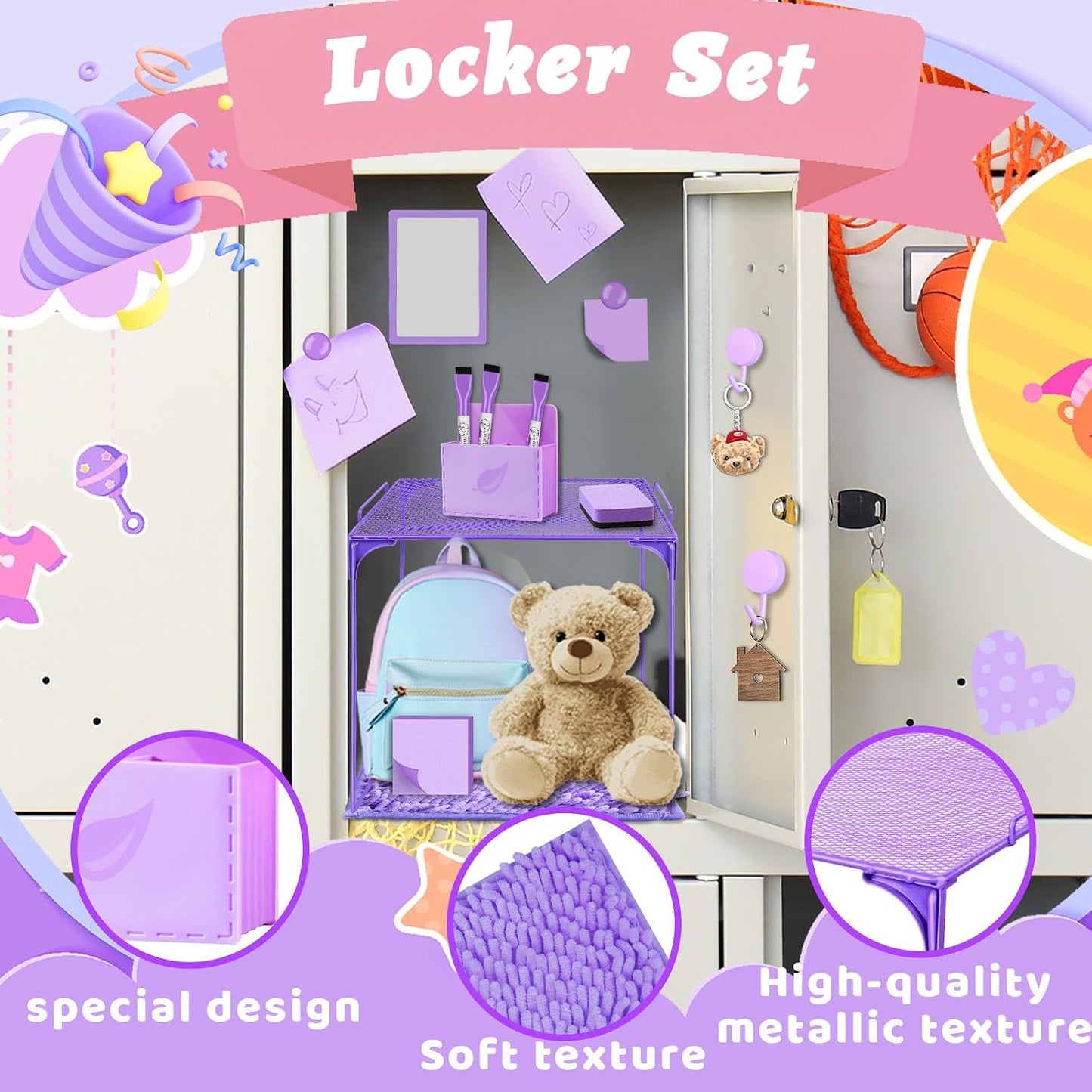 Magnetic Locker Marble Accessories Kit Pale Yellow Back to School Essentials Locker Organizer Supplies Include Mirror Whiteboard Pen Shelf Magnet Magnetic Buckle Back to School Essentials