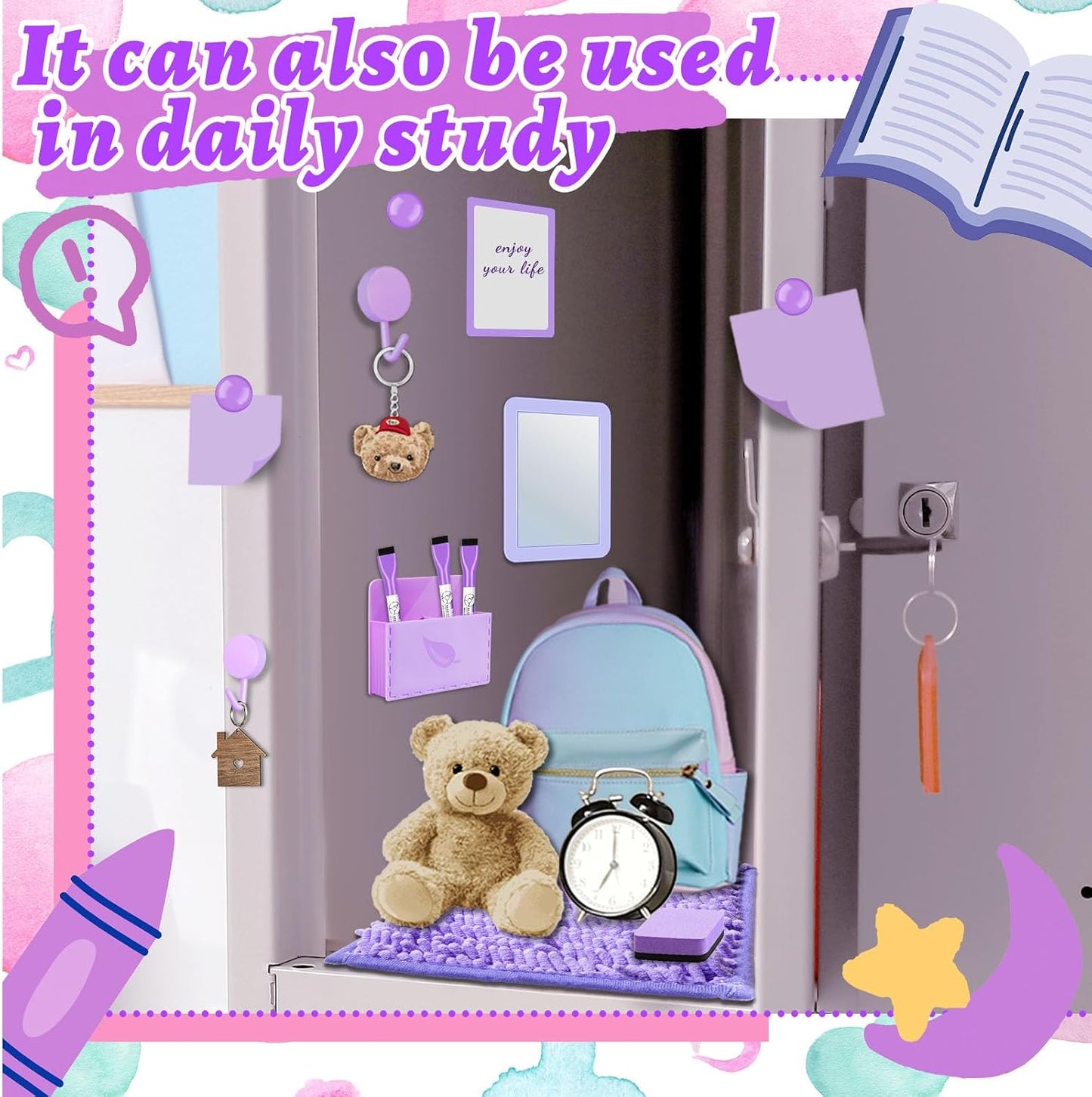 Magnetic Locker Marble Accessories Kit Pale Yellow Back to School Essentials Locker Organizer Supplies Include Mirror Whiteboard Pen Shelf Magnet Magnetic Buckle Back to School Essentials