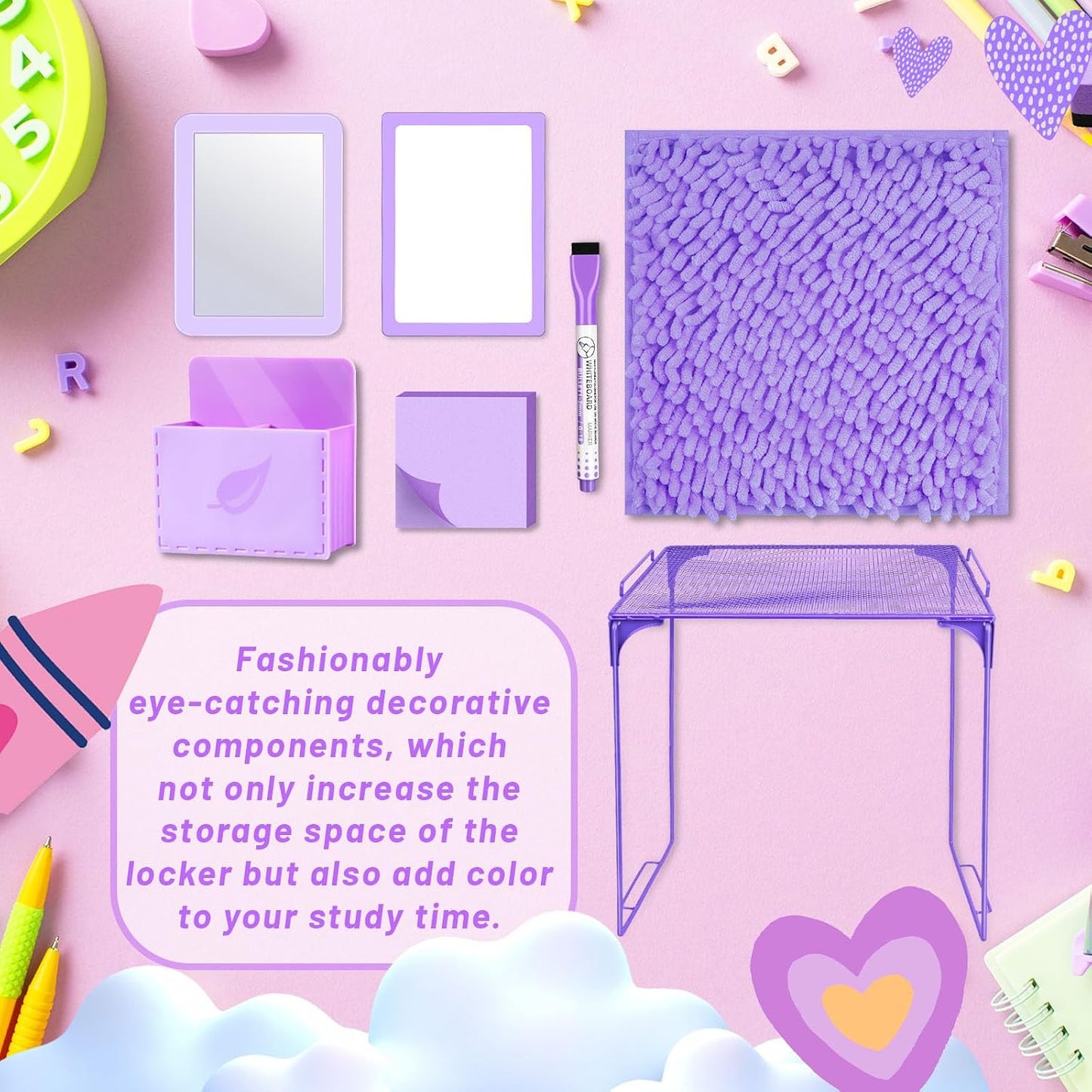 Magnetic Locker Marble Accessories Kit Pale Yellow Back to School Essentials Locker Organizer Supplies Include Mirror Whiteboard Pen Shelf Magnet Magnetic Buckle Back to School Essentials