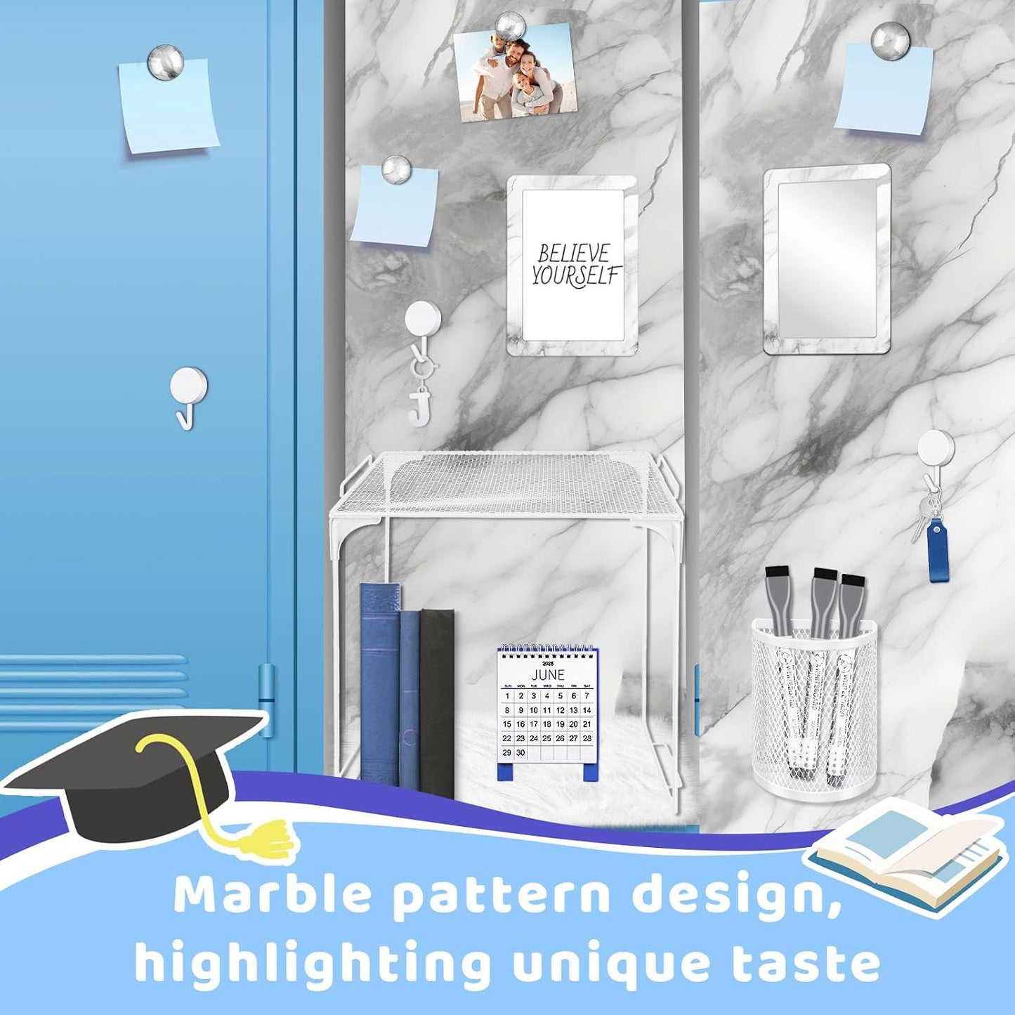 Magnetic Locker Marble Accessories Kit Pale Yellow Back to School Essentials Locker Organizer Supplies Include Mirror Whiteboard Pen Shelf Magnet Magnetic Buckle Back to School Essentials