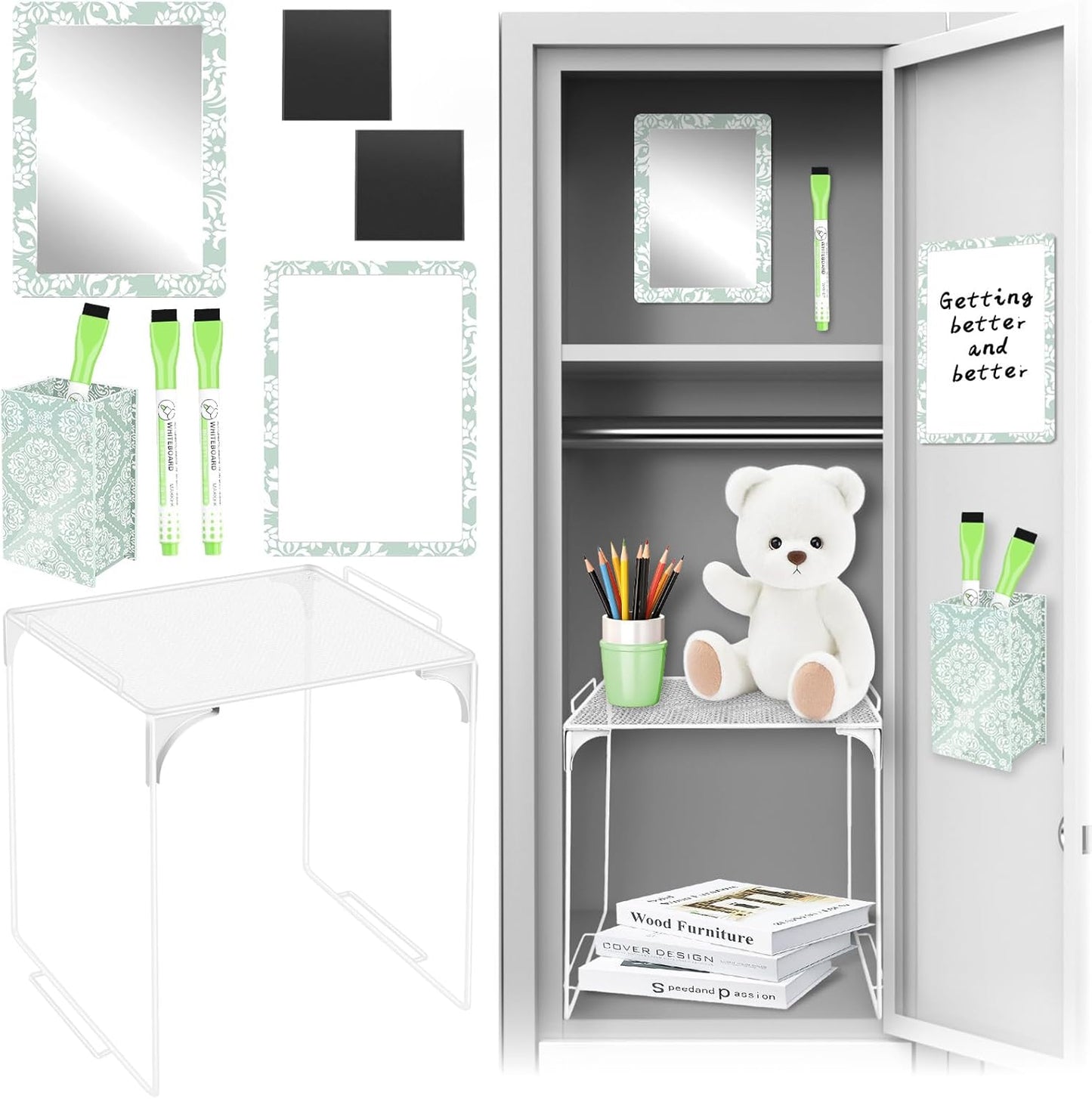 Magnetic Locker Marble Accessories Kit Pale Yellow Back to School Essentials Locker Organizer Supplies Include Mirror Whiteboard Pen Shelf Magnet Magnetic Buckle Back to School Essentials