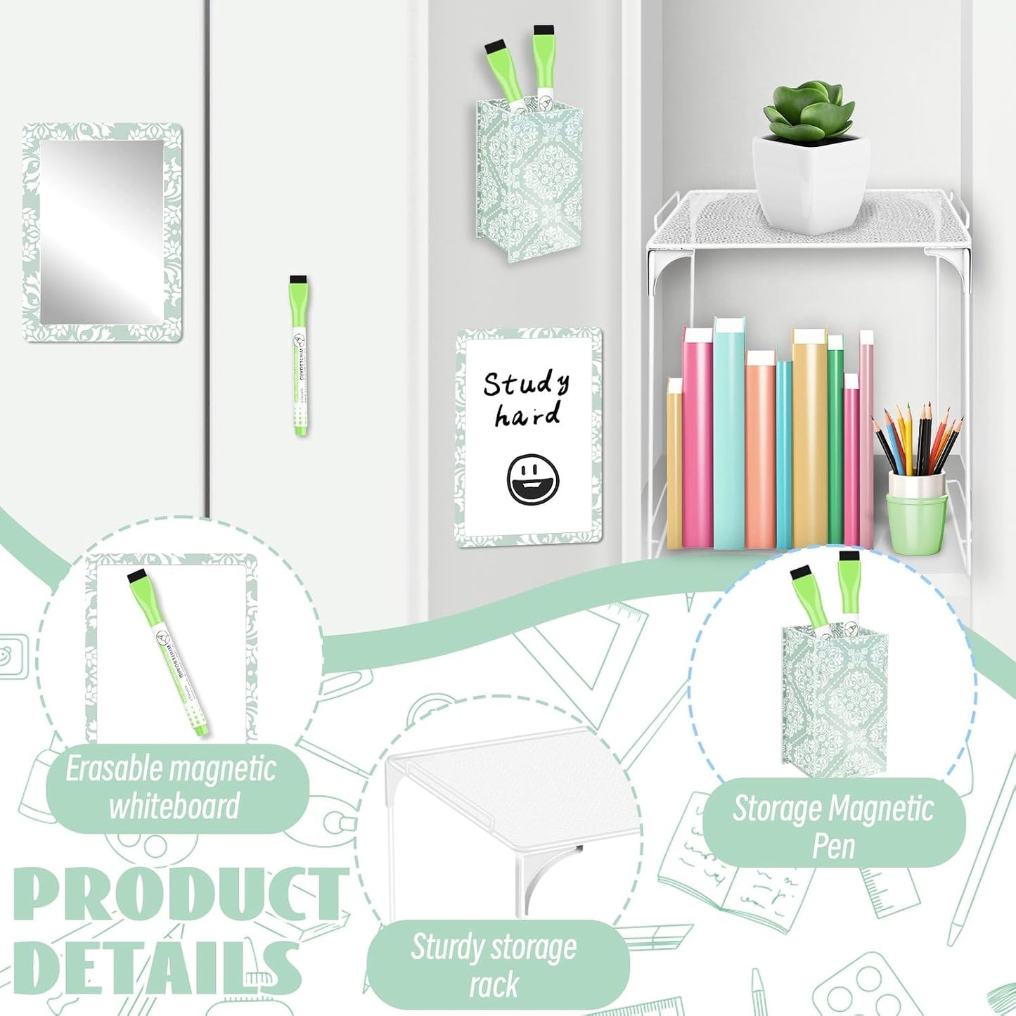 Magnetic Locker Marble Accessories Kit Pale Yellow Back to School Essentials Locker Organizer Supplies Include Mirror Whiteboard Pen Shelf Magnet Magnetic Buckle Back to School Essentials