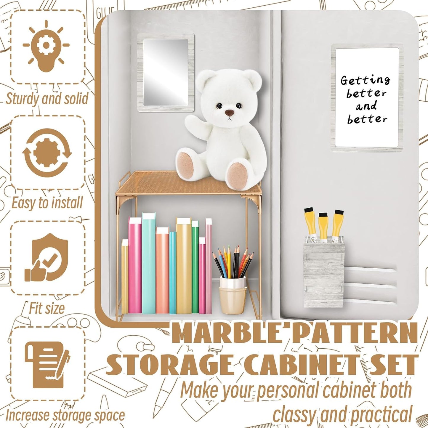 Magnetic Locker Marble Accessories Kit Pale Yellow Back to School Essentials Locker Organizer Supplies Include Mirror Whiteboard Pen Shelf Magnet Magnetic Buckle Back to School Essentials
