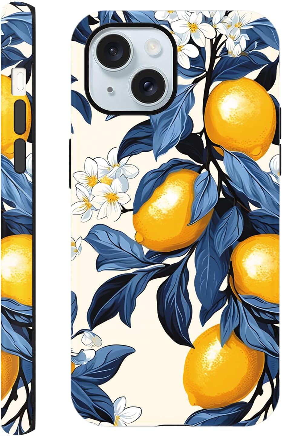 Cute Lemon White Flower Phone Case for iPhone 15 Case 6.1", Aesthetic Trendy Floral Pattern Design 2-in-1 Matte Cover Shockproof Slim Soft TPU Hard PC Protection Girls Women Funda