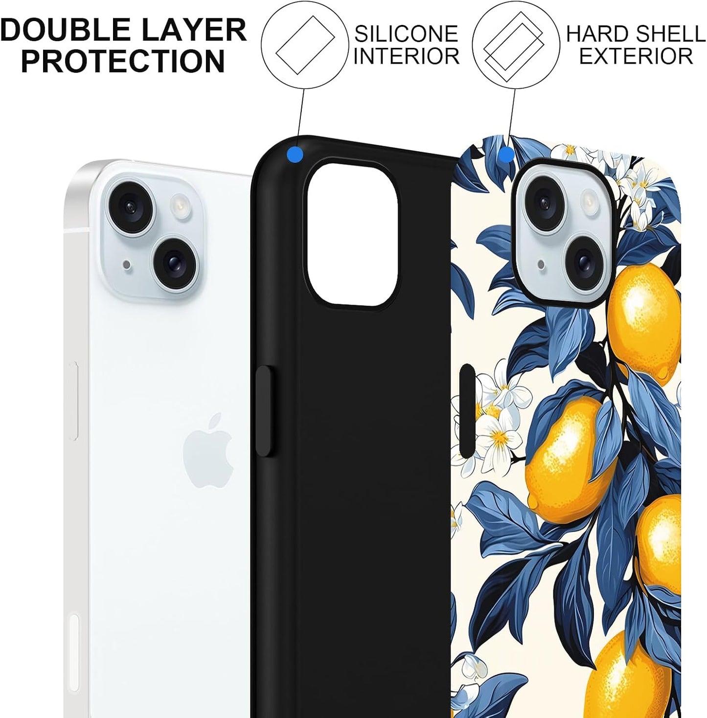 Cute Lemon White Flower Phone Case for iPhone 15 Case 6.1", Aesthetic Trendy Floral Pattern Design 2-in-1 Matte Cover Shockproof Slim Soft TPU Hard PC Protection Girls Women Funda