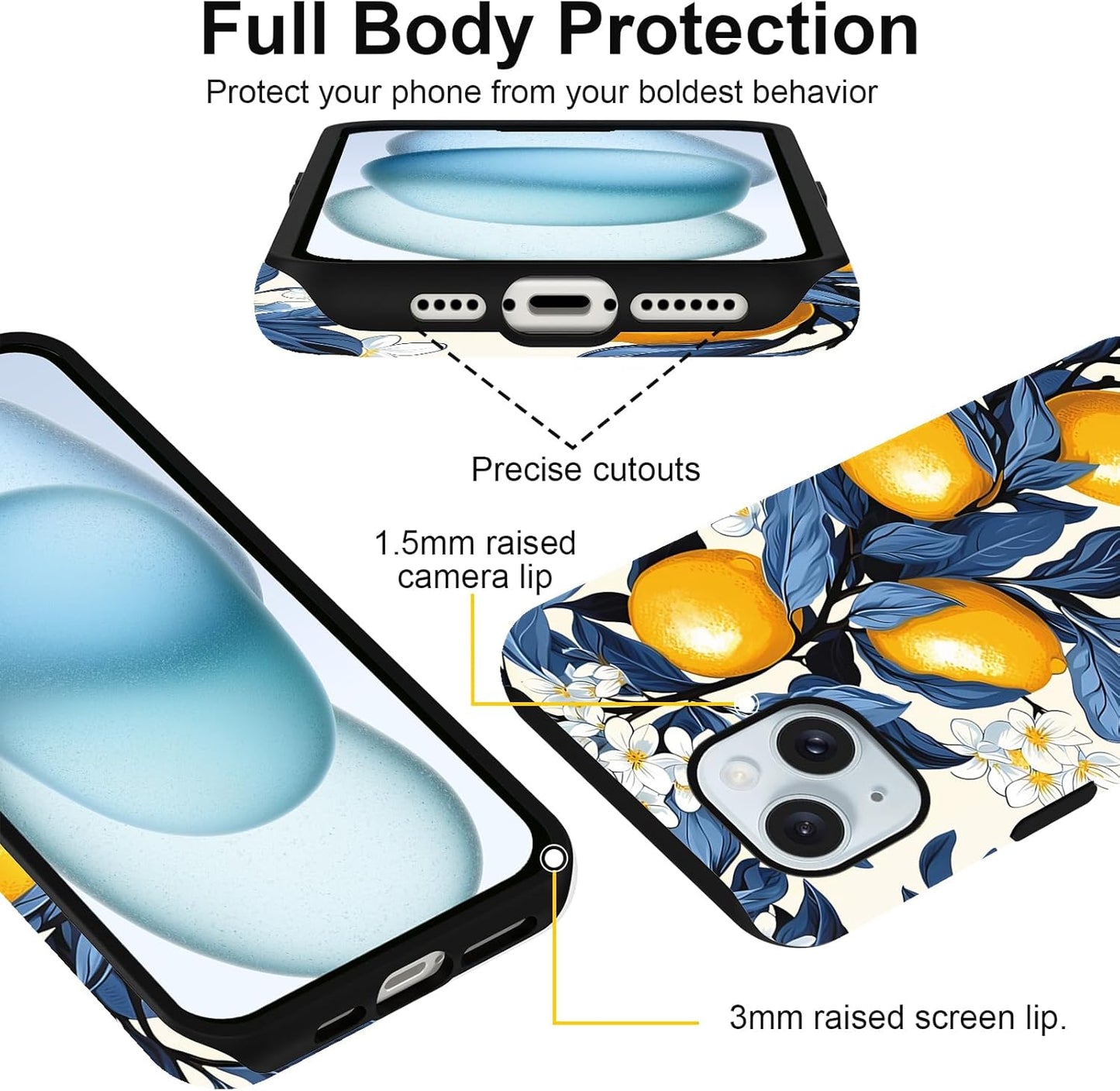 Cute Lemon White Flower Phone Case for iPhone 15 Case 6.1", Aesthetic Trendy Floral Pattern Design 2-in-1 Matte Cover Shockproof Slim Soft TPU Hard PC Protection Girls Women Funda