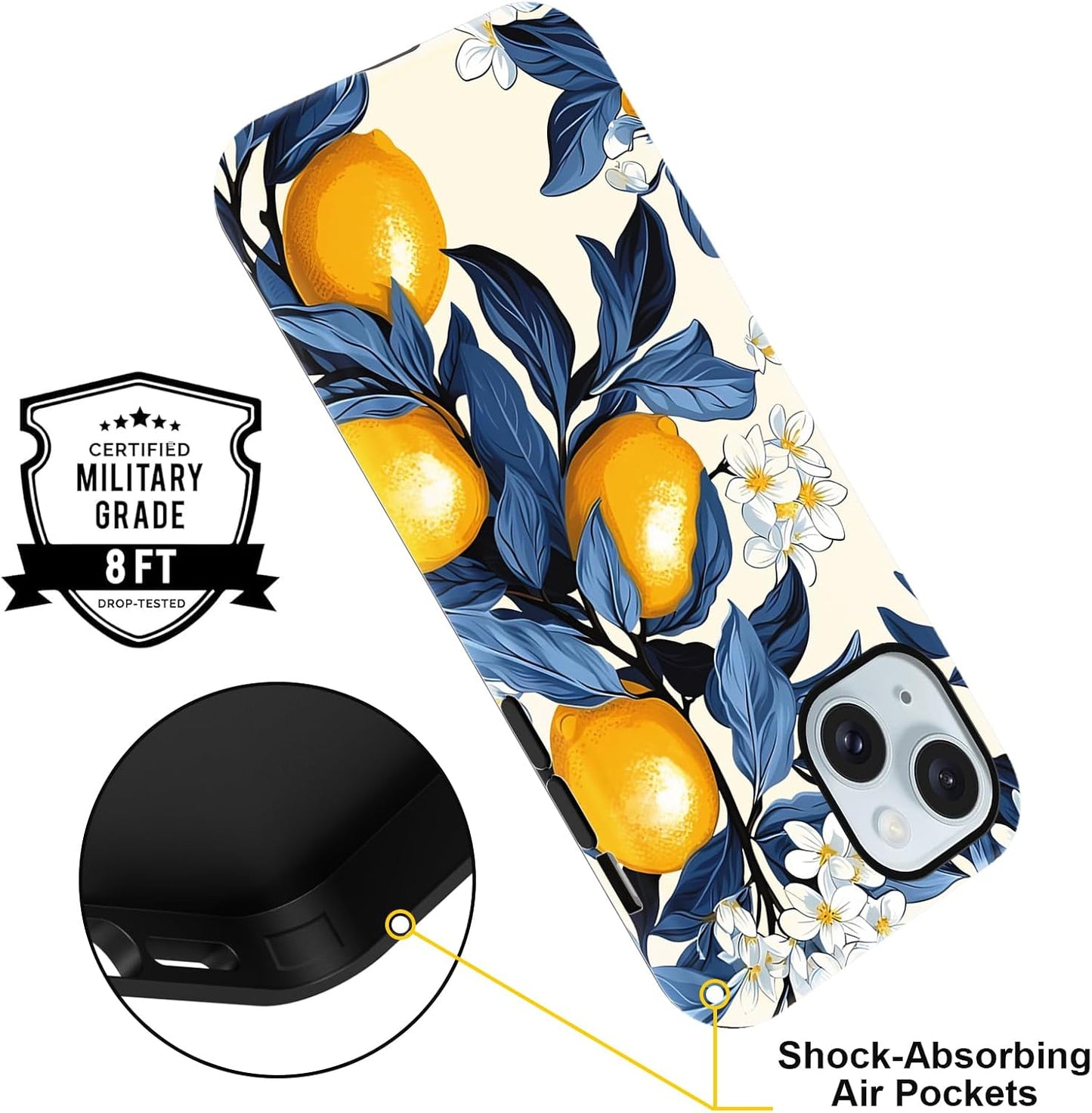 Cute Lemon White Flower Phone Case for iPhone 15 Case 6.1", Aesthetic Trendy Floral Pattern Design 2-in-1 Matte Cover Shockproof Slim Soft TPU Hard PC Protection Girls Women Funda