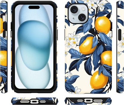 Cute Lemon White Flower Phone Case for iPhone 15 Case 6.1", Aesthetic Trendy Floral Pattern Design 2-in-1 Matte Cover Shockproof Slim Soft TPU Hard PC Protection Girls Women Funda
