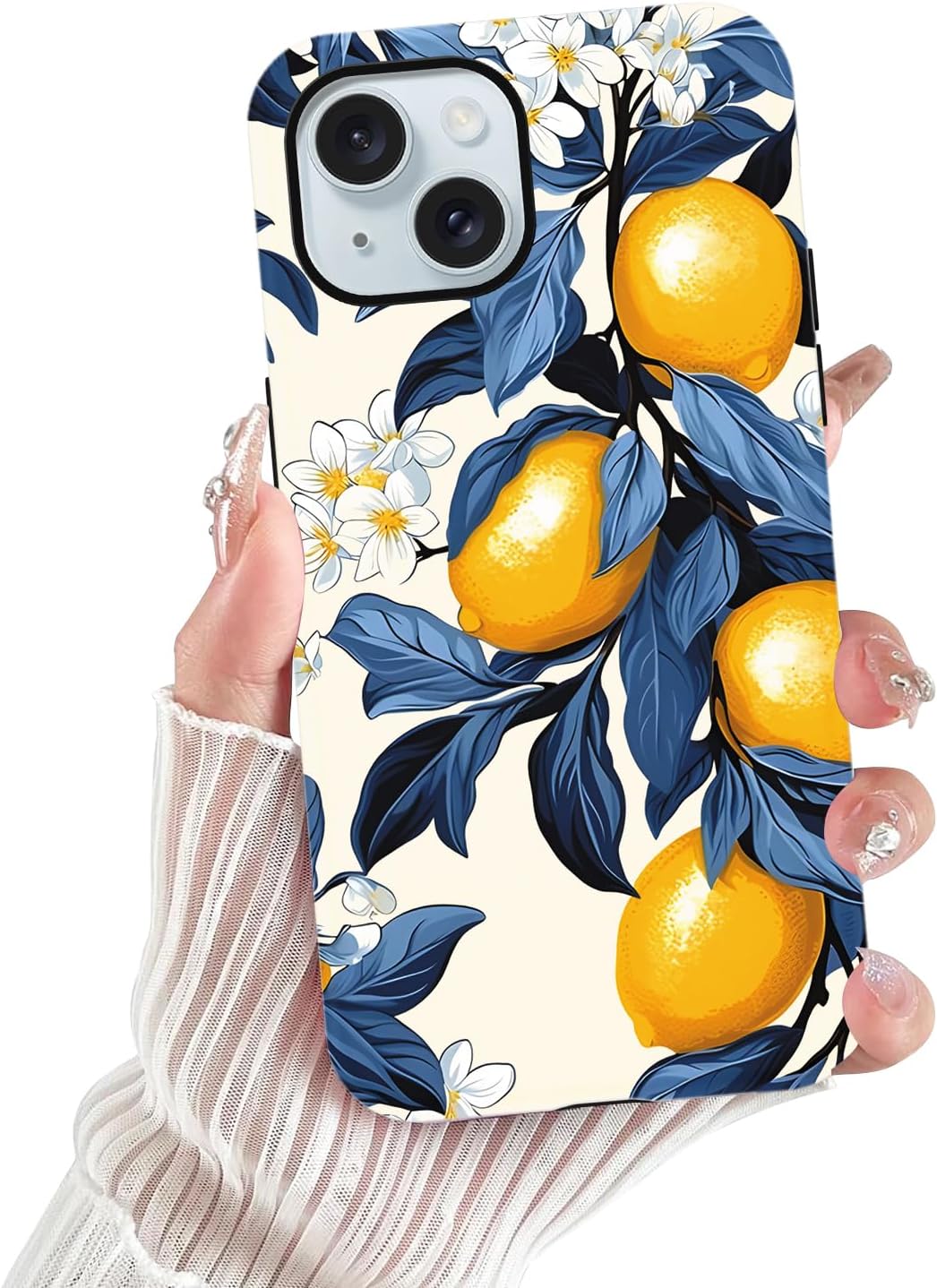 Cute Lemon White Flower Phone Case for iPhone 15 Case 6.1", Aesthetic Trendy Floral Pattern Design 2-in-1 Matte Cover Shockproof Slim Soft TPU Hard PC Protection Girls Women Funda