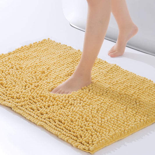 Chenille Bathroom Rugs Mat 24"x17", Non-Slip Bath Mat for Bathroom Floor & Bathtub, Washable Soft Shower Shag Bath Rugs, Durable Fluffy Thick Water Absorbent Microfiber Shower Mat, Yellow