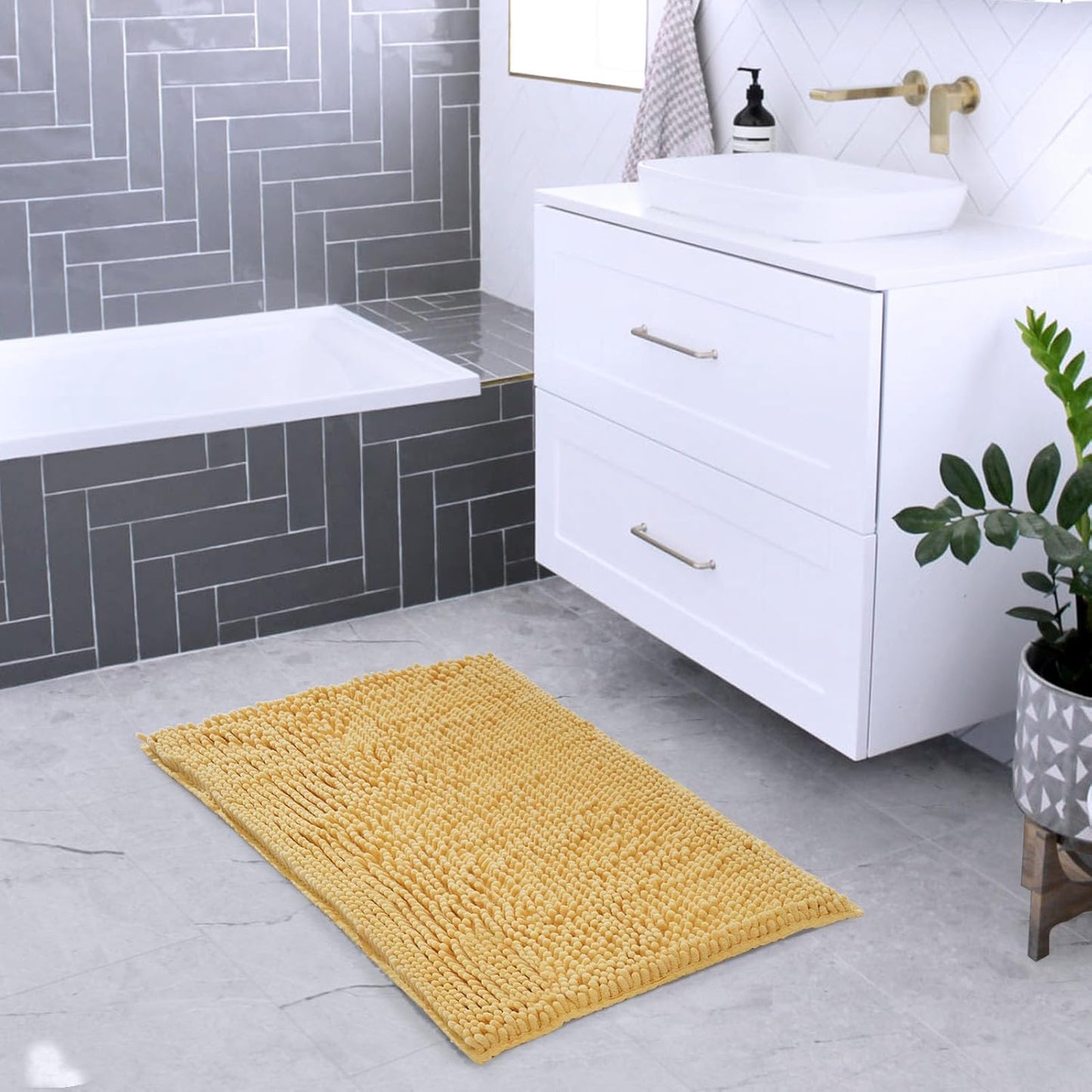 Chenille Bathroom Rugs Mat 24"x17", Non-Slip Bath Mat for Bathroom Floor & Bathtub, Washable Soft Shower Shag Bath Rugs, Durable Fluffy Thick Water Absorbent Microfiber Shower Mat, Yellow