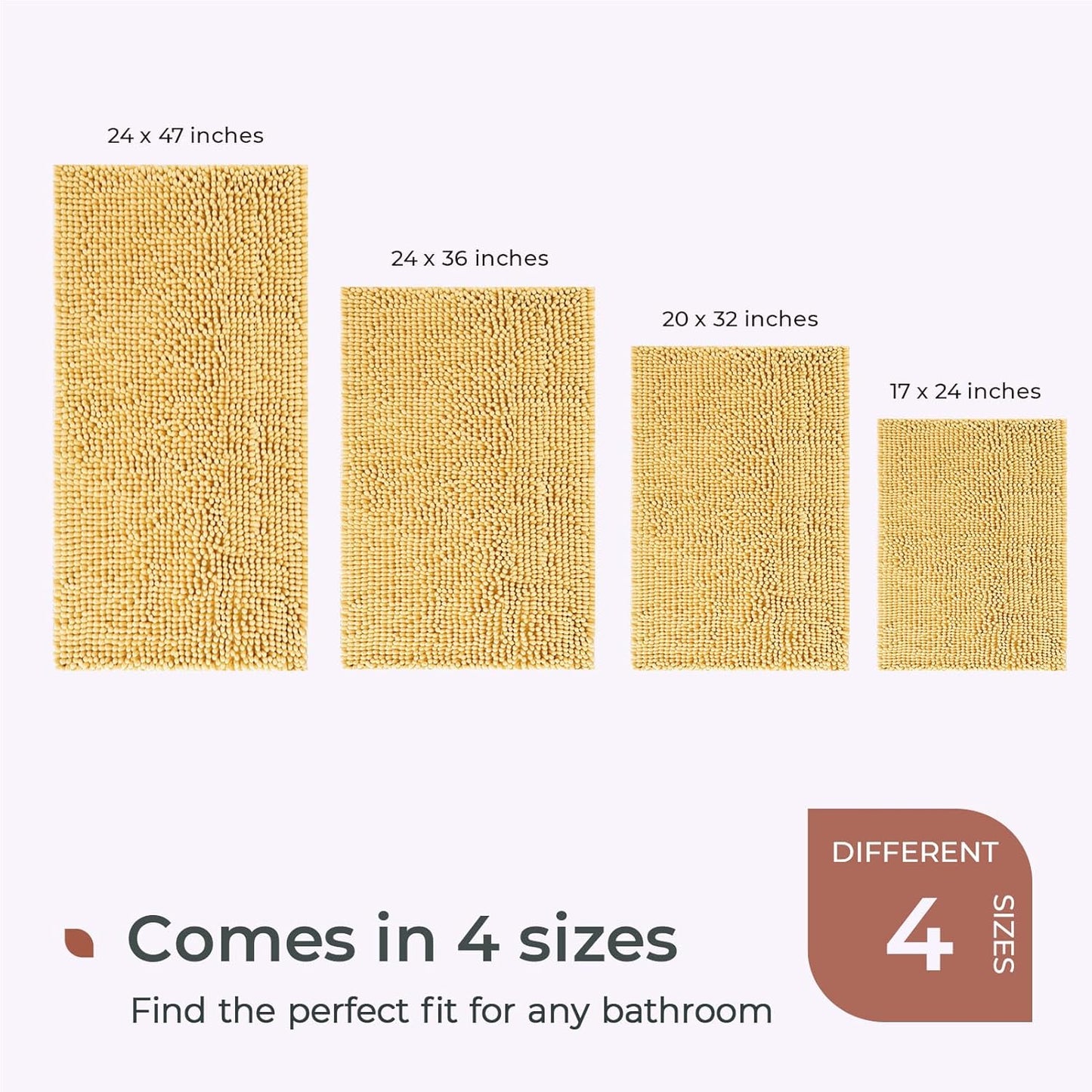 Chenille Bathroom Rugs Mat 24"x17", Non-Slip Bath Mat for Bathroom Floor & Bathtub, Washable Soft Shower Shag Bath Rugs, Durable Fluffy Thick Water Absorbent Microfiber Shower Mat, Yellow