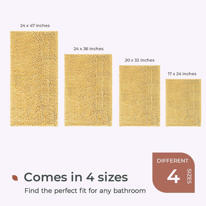 Chenille Bathroom Rugs Mat 24"x17", Non-Slip Bath Mat for Bathroom Floor & Bathtub, Washable Soft Shower Shag Bath Rugs, Durable Fluffy Thick Water Absorbent Microfiber Shower Mat, Yellow