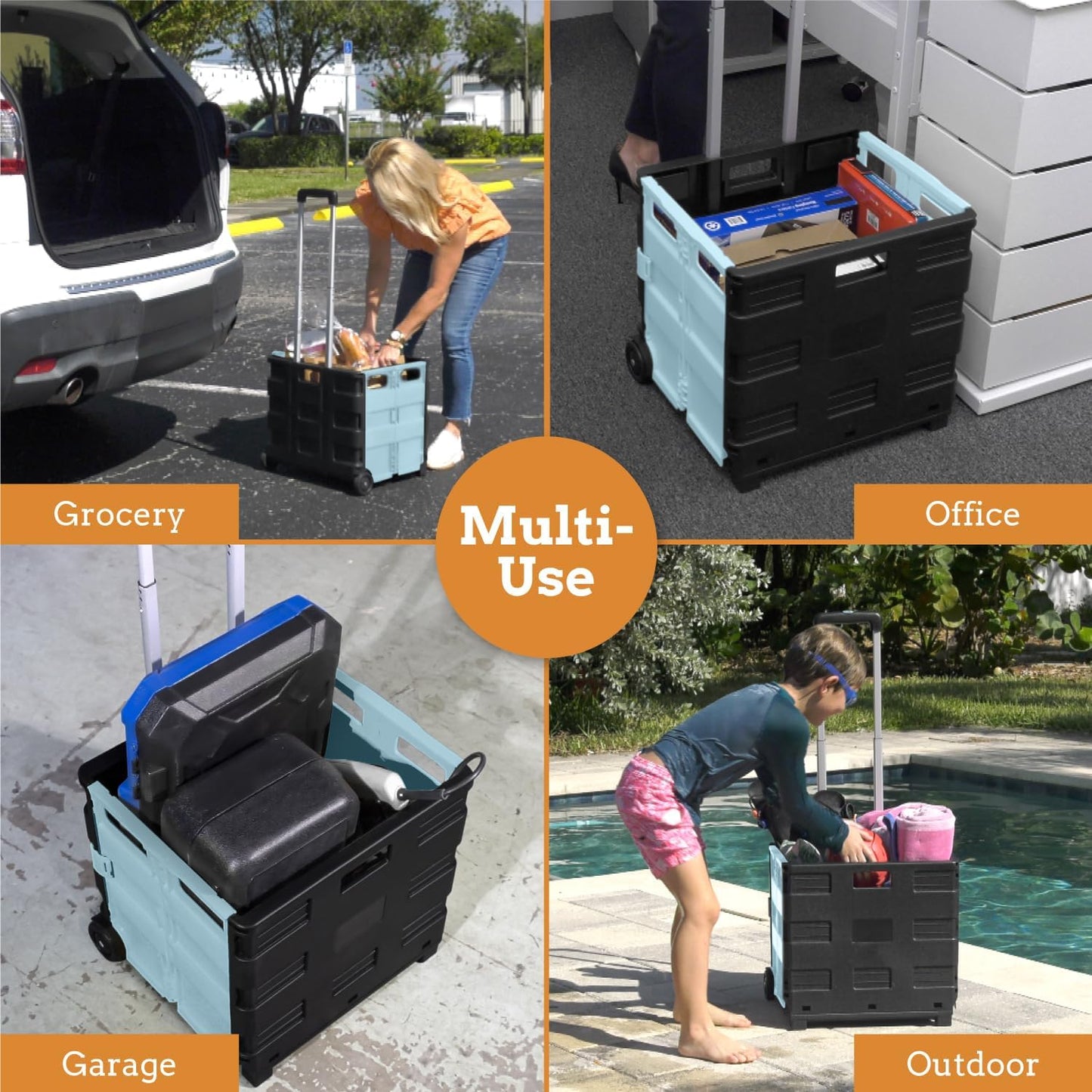 Ultra-Slim Rolling Collapsible Storage Pack-N-Roll Utility-carts, with Telescopic Handle, for Home, Garden, Shopping, Office, School use, Medium, Yellow & Black