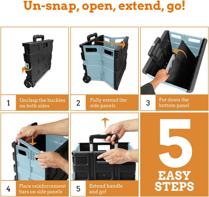 Ultra-Slim Rolling Collapsible Storage Pack-N-Roll Utility-carts, with Telescopic Handle, for Home, Garden, Shopping, Office, School use, Medium, Yellow & Black